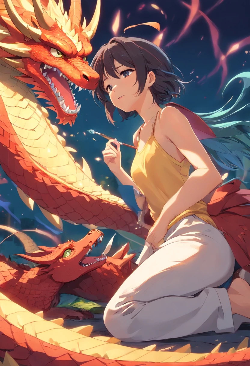 NSFW, The woman, Lying on a dragon, (The dragon caresses this girl's chest with his tongue:1.2)