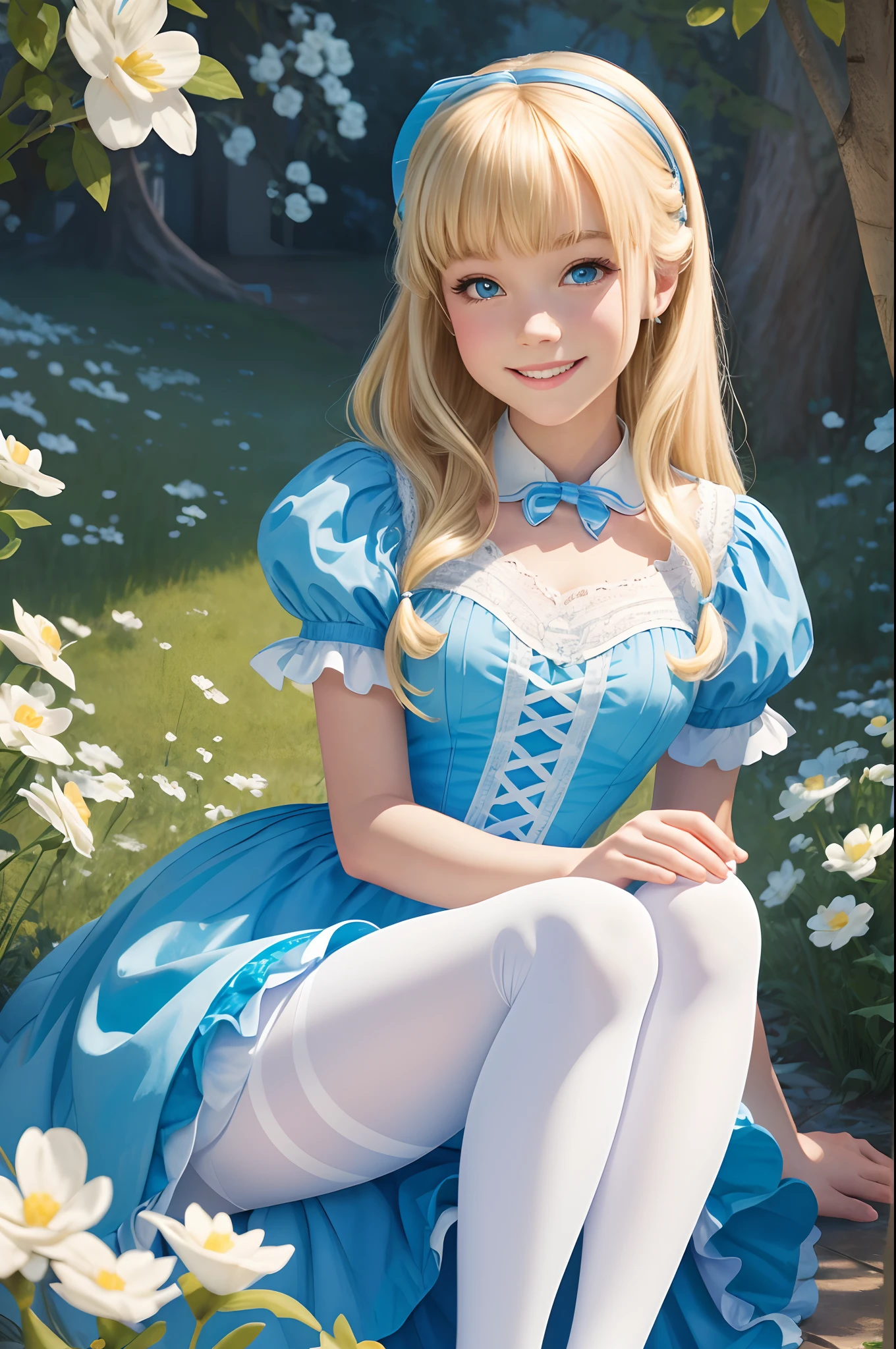 best quality, illustration, highres, disney princess, Alice in wonderland,white tights, sitting, smile, blonde hair, blue alice dress,