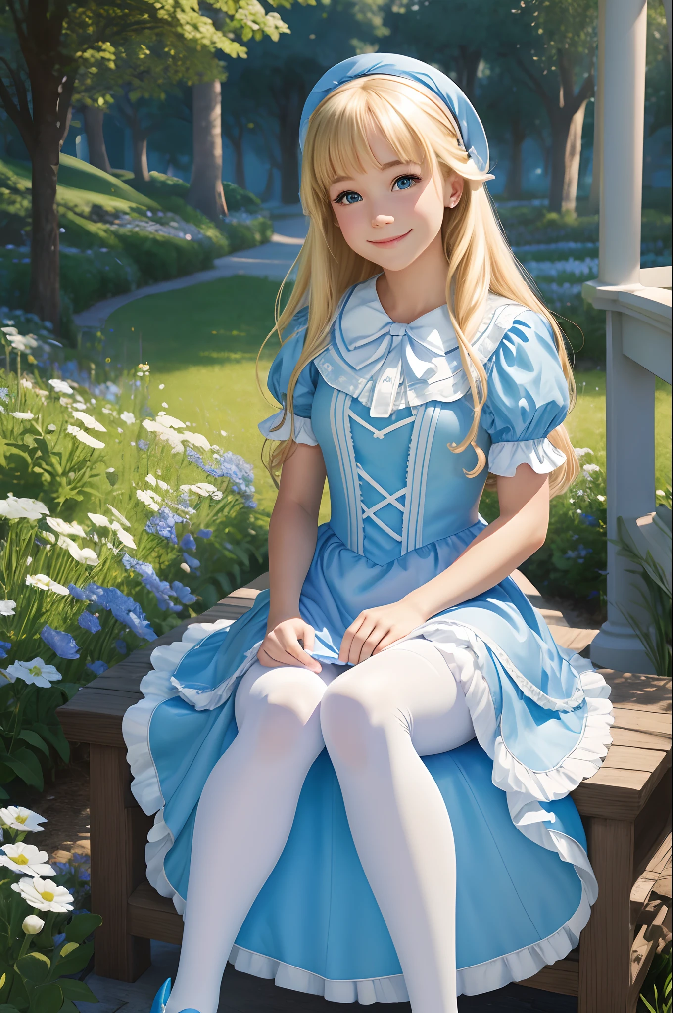 best quality, illustration, highres, disney princess, Alice in wonderland,white tights, sitting, smile, blonde hair, blue alice dress,