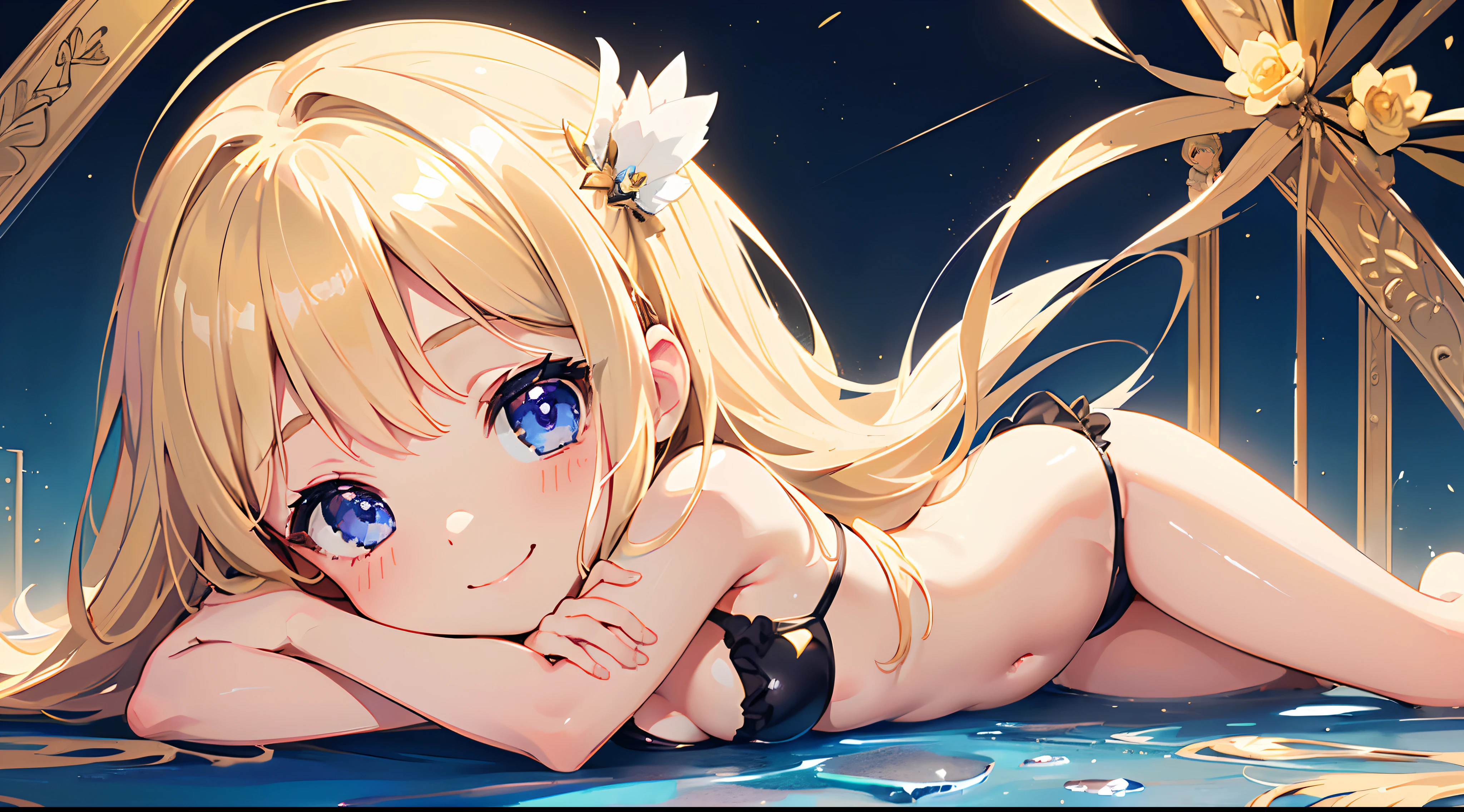 (top quality beautiful illustration),(((cute little li))),(((tiny loli))),(((li),(((small body))),(((childish face))),(((very fine pretty face))),(blonde),(very detail shiny blue eyes),(seductive),(smile),(large breasts),(black bikini),(night time),(sexy pose)