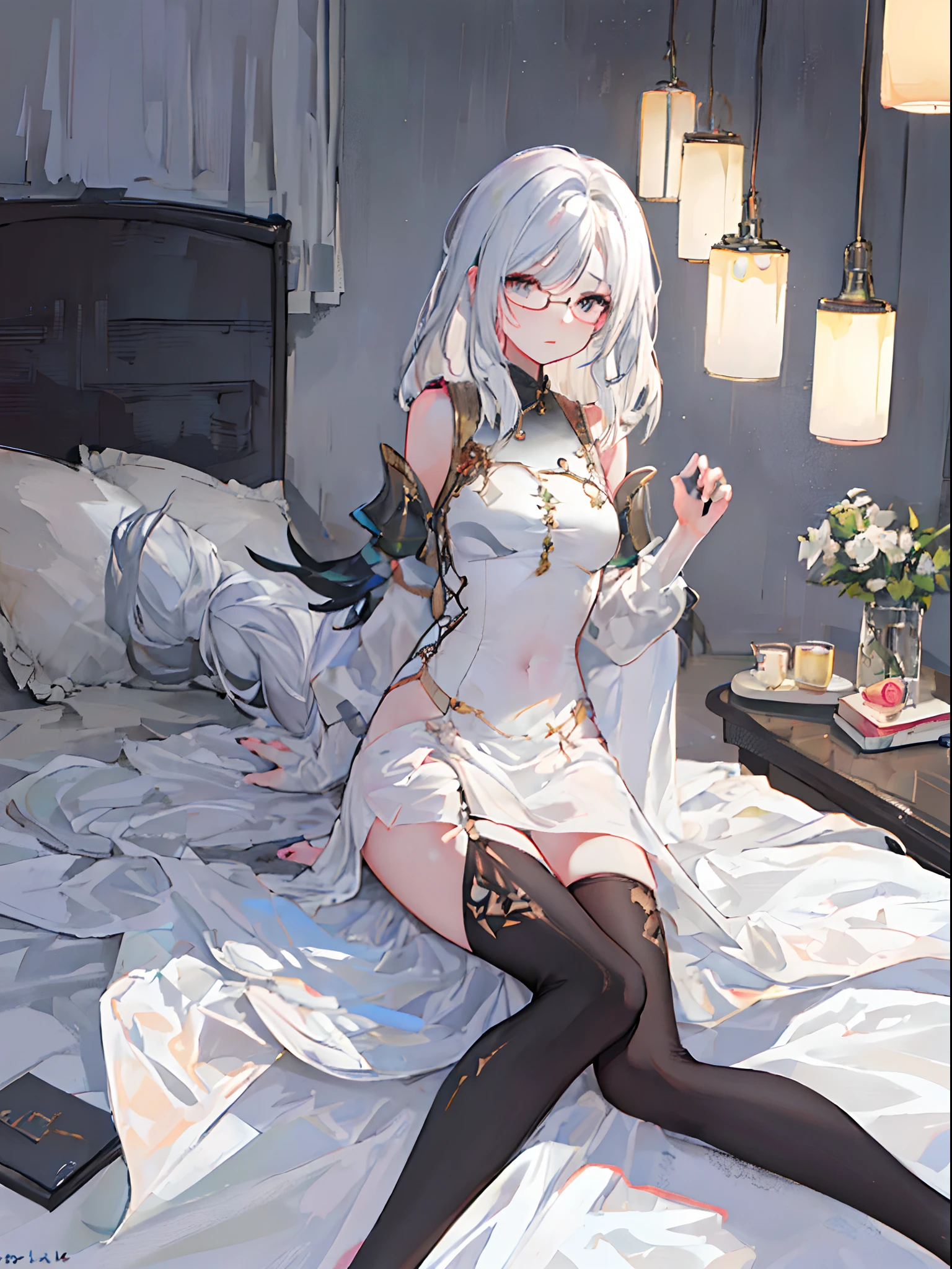 ((beautiful lighting, Best quality, 8K, Masterpiece: 1.3)), 1girl, Perfect body beauty: 1.4, Slim abs: 1.1, ((white hair)), (White dress: 1.4), (Indoor , night: 1.1),  (bed), Super Fine Face, Fine Eyes, Glasses, naughty look, (Over the knee black stockings: 1.5)