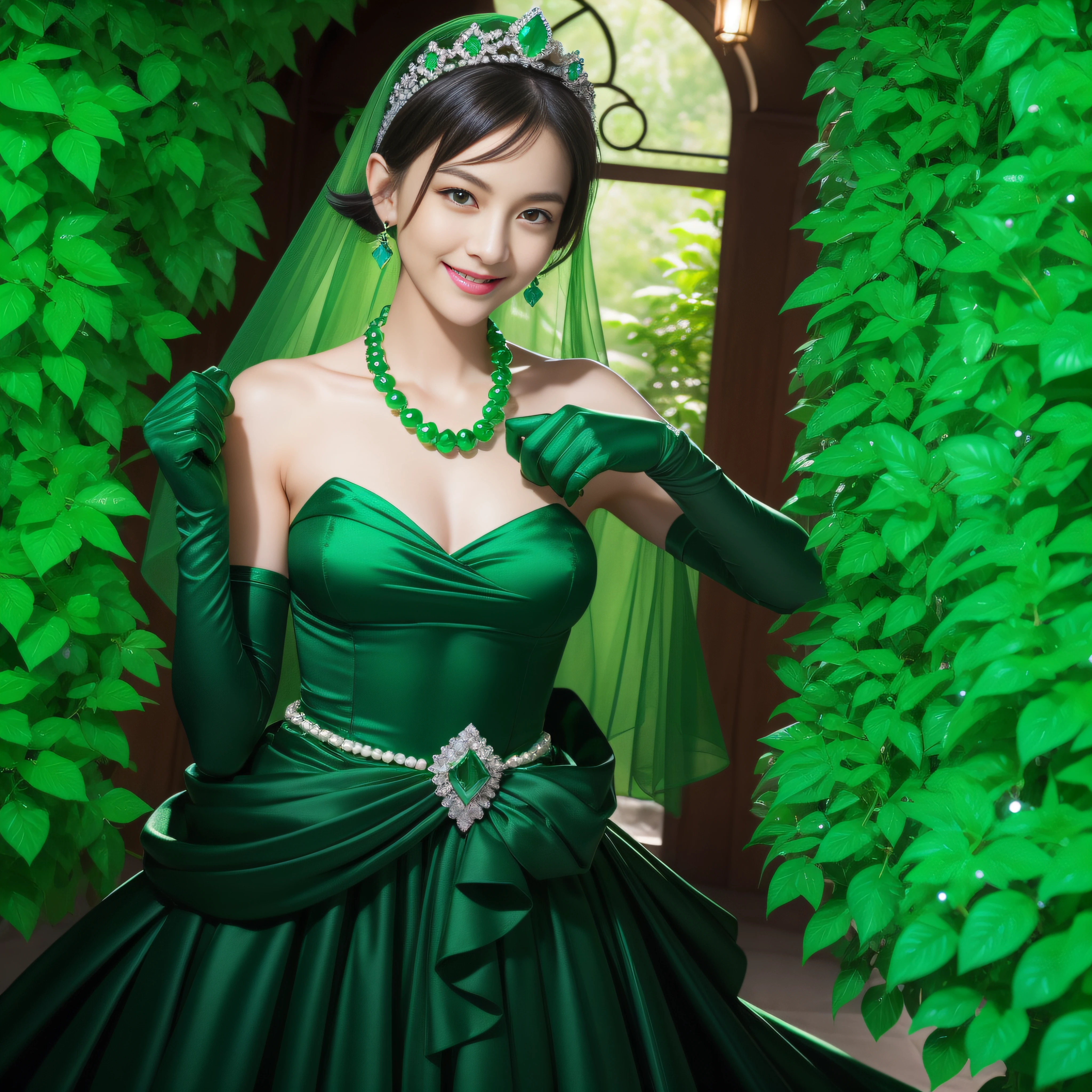 emerald tiara, Green Pearl Necklace, Boyish very short black hair, lipsticks, Japan woman smiling, very short short hair, fist, big breasts beautiful, Green eyes, Long green gloves made of satin material, Green eyes, Emerald Earrings