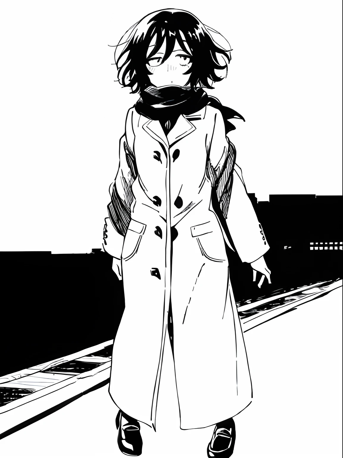 art of Akira Asai, scarf, coat, black and white, (sketch), (monochrome), ((white background)), ((blank background)), ((manga style)), manga, dark hair, medium hair, Call of the Night, (1girl), raw sketch, small pupils, thick lines, windy, (pencil sketch), full body, far away shot