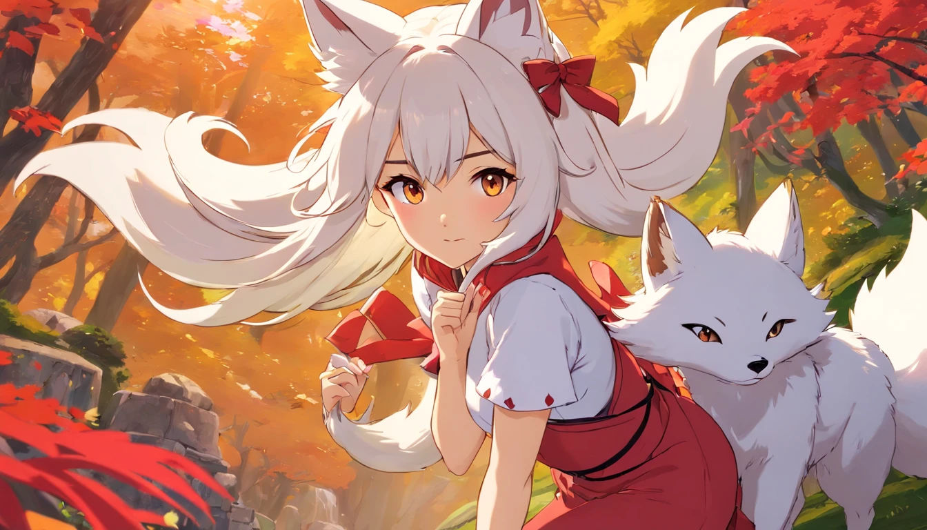 Ahri de League of Legends, foto do corpo todo, perfect hands, cabelos pretos e longos, nine white fox tails on the tailbone, orelhas de raposa pretas, roupa de samurai vermelha, papel de parede, fundo em Iona, rosto sexy oriental