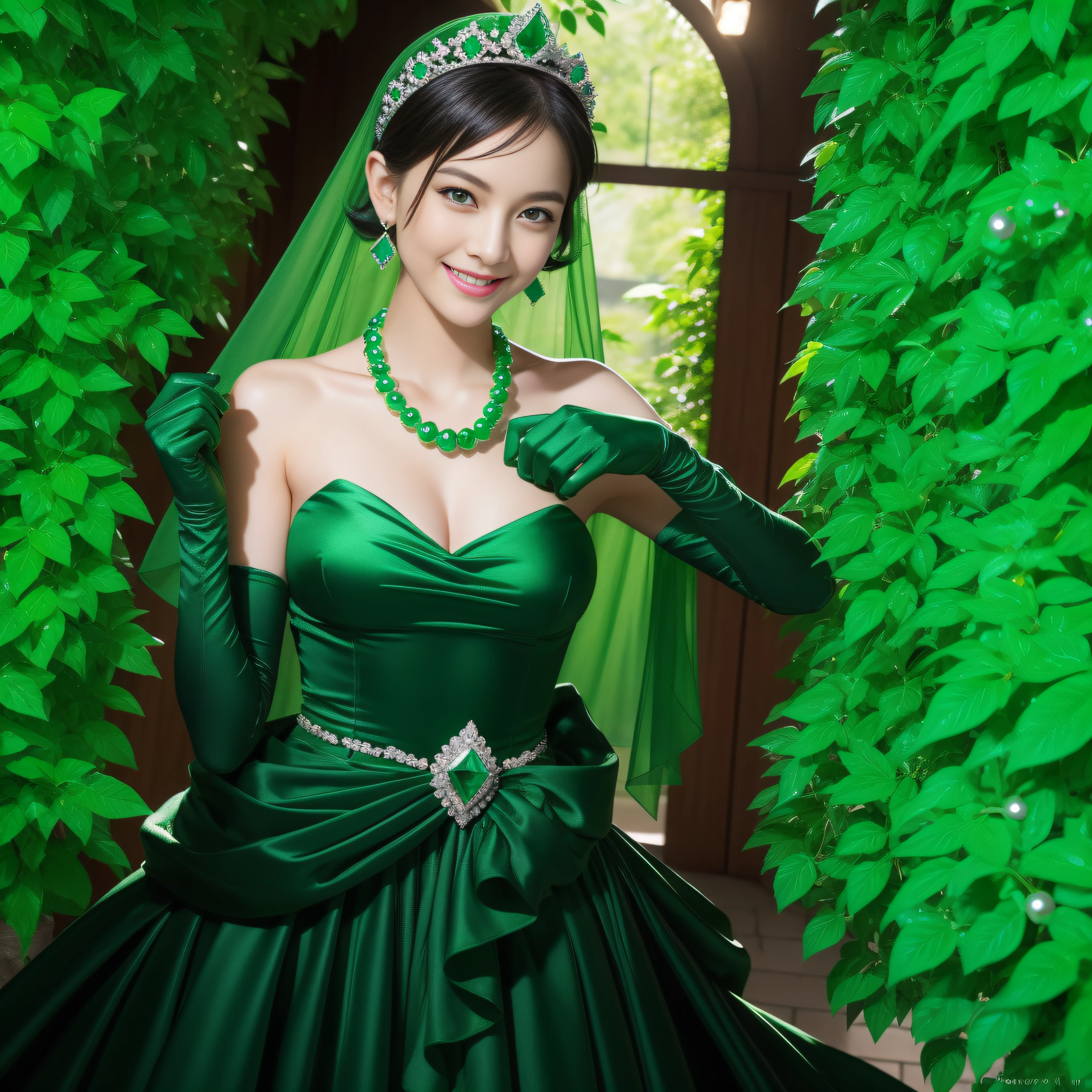 emerald tiara, Green Pearl Necklace, Boyish very short black hair, lipsticks, Japan woman smiling, very short short hair, fist, big breasts beautiful, Green eyes, Long green gloves made of satin material, Green eyes, Emerald Earrings
