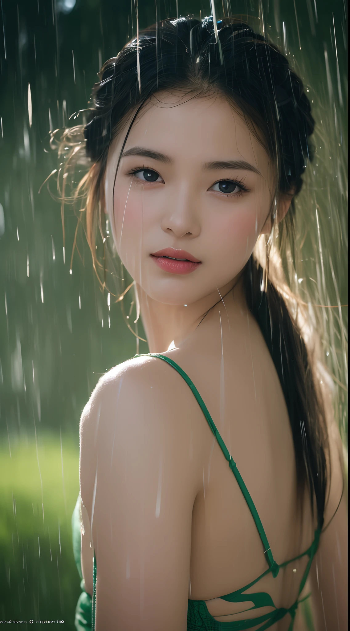 (best quality,4k,8k,highres,masterpiece:1.2),ultra-detailed,(realistic,photorealistic,photo-realistic:1.37),blurred,green-haired lady,vertical yellow irises,antlers,swimsuit,soft lighting,playful elegant curves,sharp focus,extremely detailed,ethereal,traditional Chinese landscape painting,vibrant colors,gentle light,sweat dripping on fair skin,rainy scenery,typhoon essay,holding an umbrella