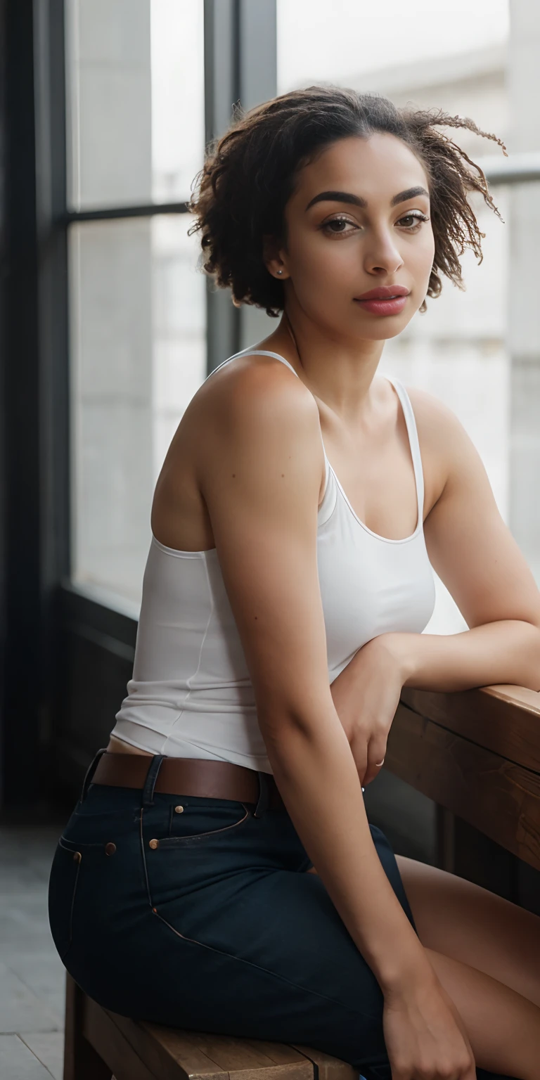 Photo d'une femme, metis, Jorja Smith, Posant pour une seance photo, visage innocente,naturel,assise sur un banc avec un sac, she is wearing a black tank top, Jorja Smith , Instagram template, photo shoot, light makeup,yeux brune, Coupe de cheveux queue-de-cheval et des tresses, peau brillante,hyper detailed, Captured by Panavision Panaflex Platinum Camera with Panavision Primo Primes 50mm T1 spherical lens.9