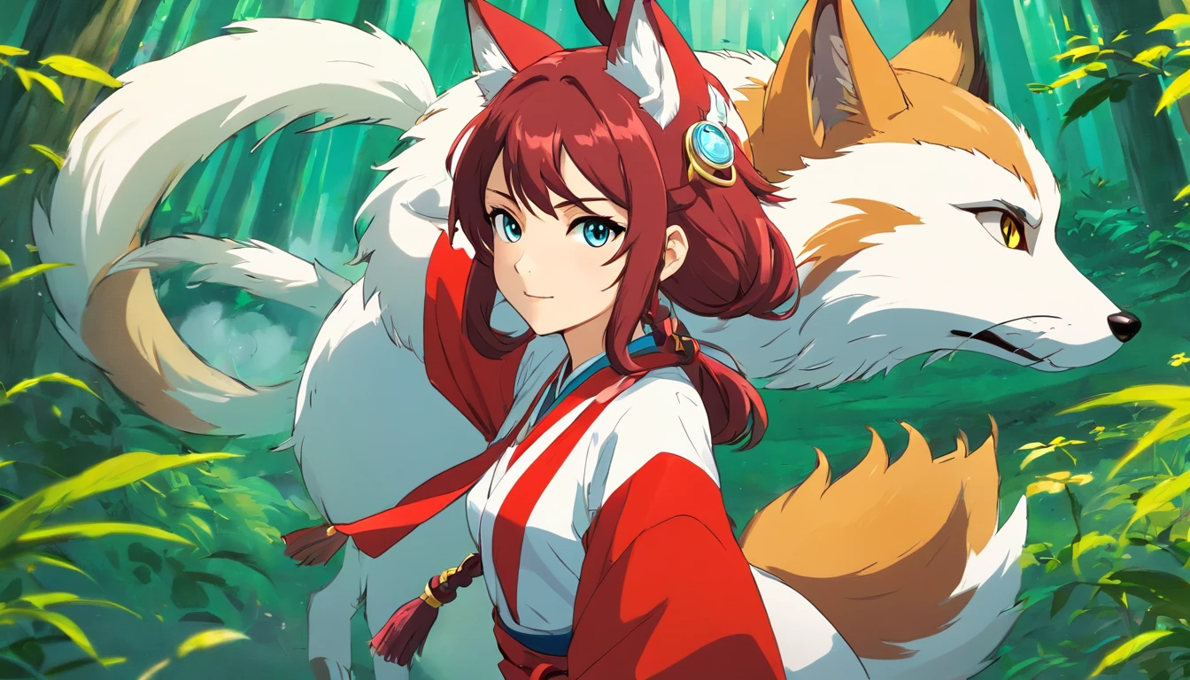Ahri de League of Legends, foto do corpo todo, perfect hands, cabelos pretos e longos, nine white fox tails on the tailbone, orelhas de raposa pretas, roupa de samurai vermelha, papel de parede, fundo em Iona, rosto sexy oriental