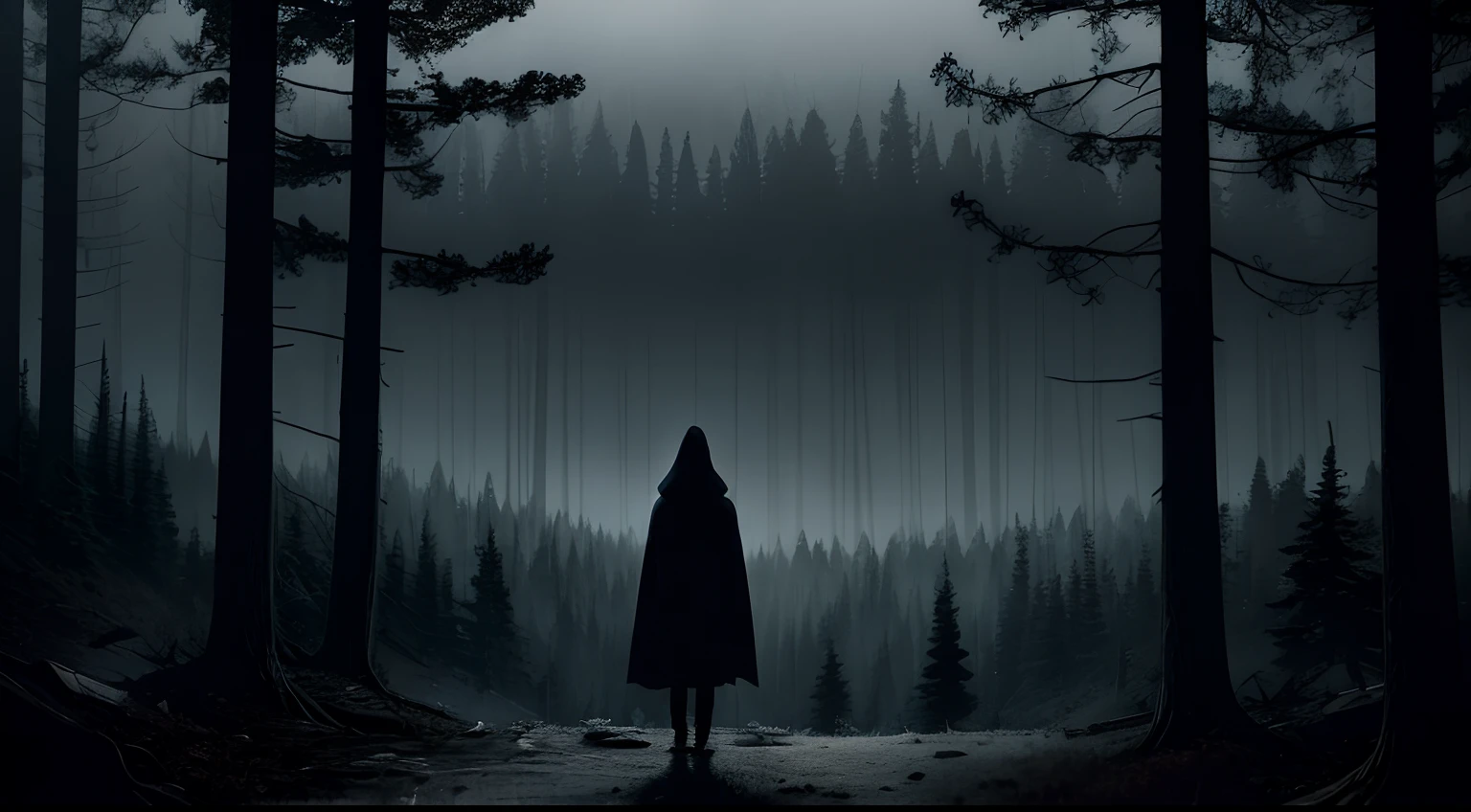 sad, broken heart, animation, gloomy forest at night, standing on top of a mountain view, pov from behind, hooded figure, silhouette, dark gray color theme, crying, fantasy, heartbroken, emotional, gone, feelings, fading, can't go on, memories, thinking, crying, alone, scared, emotionally gone