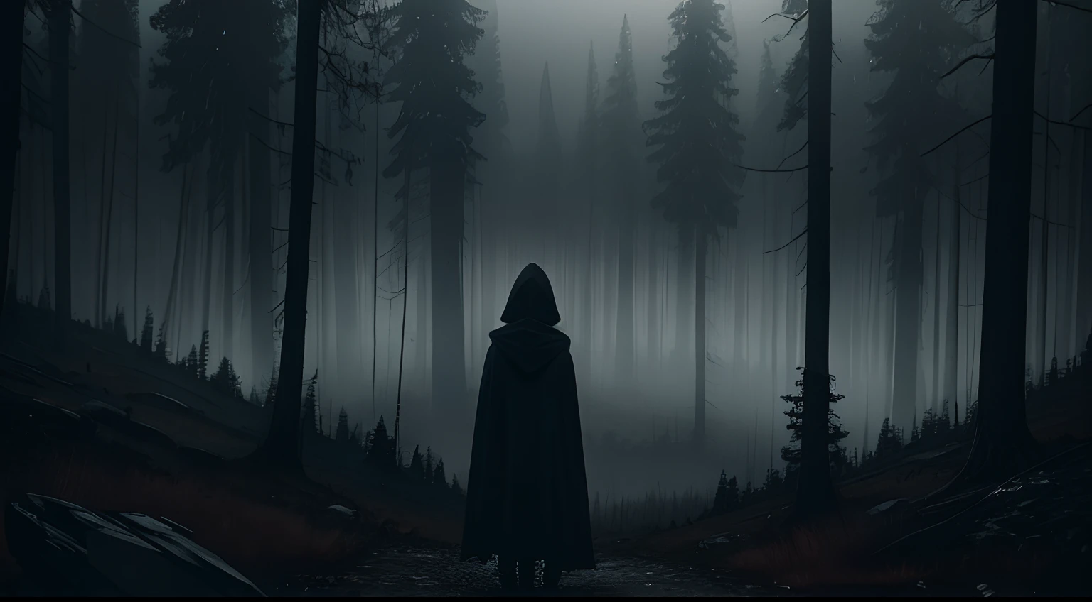 sad, broken heart, animation, gloomy forest at night, standing on top of a mountain view, pov from behind, hooded figure, silhouette, dark gray color theme, crying, fantasy, heartbroken, emotional, gone, feelings, fading, can't go on, memories, thinking, crying, alone, scared, emotionally gone