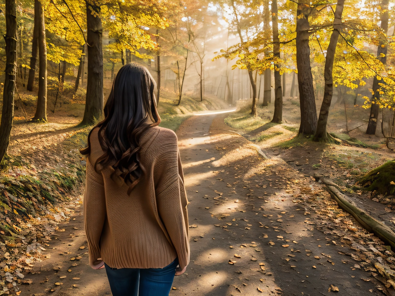 (Back view of a person in the autumn forest, high quality, high definition, 8k, UHD), serene atmosphere, vibrant colors, soft sunlight, detailed leaves, cozy sweater, windy day, falling leaves, peaceful ambiance, golden hues, crisp air, picturesque scenery, depth of field, subtle shadows, misty atmosphere.