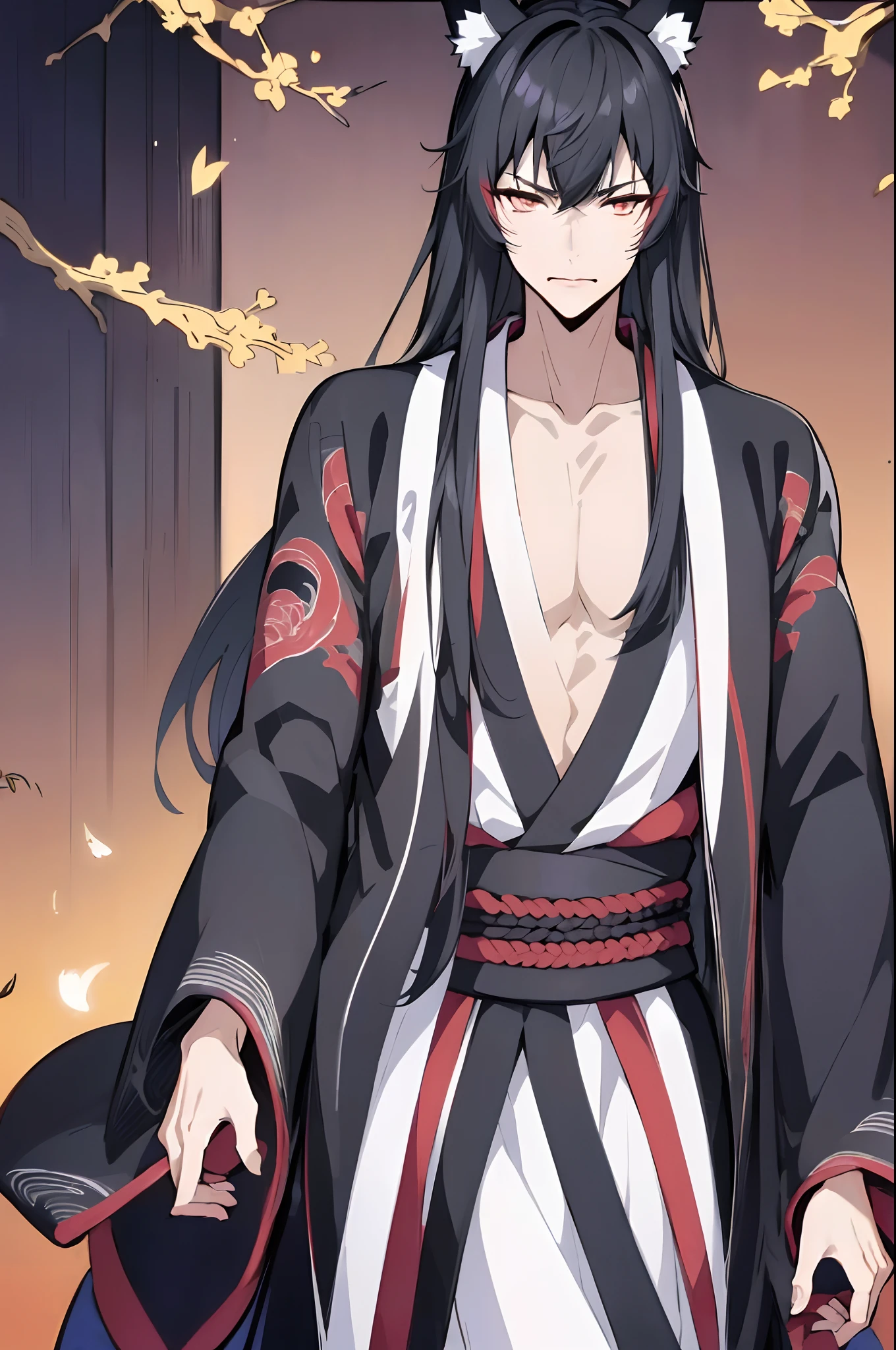 (Best quality, A high resolution, Realistic:1.37), male character, Long black hair, Detailed black and white kimono, musculous, Fox ears, Strong gaze, Traditional Japanese setting, the cherry trees, intricate gold embroidery, Soft lighting, Vibrant colors,Stand up,Hands drooping,staredown