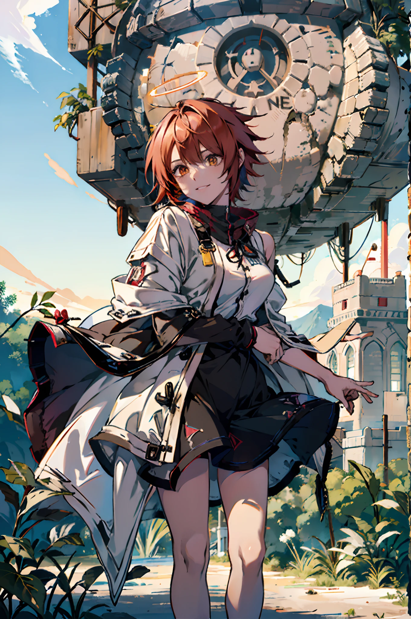 Pure sky，Plump legs，Anime girl standing gracefully on the ground，Black cape and red hair, rogue anime girl, Anime girl standing, Wearing a cloak on the blasted plain, asuka suit under clothes!, angel girl, badass posture, mechanic punk outfit, anime styled 3d, render of a cute 3d anime girl, gapmoe yandere grimdark, Female character，musculature，Abs，glowing bright yellow eyes，Bright red hair，short detailed hair，Dull hair，（Muscle 2.0），Tomboyish，Be red in the face，looking at viewert，Elaborate Eyes，huge tit，1.5，Put your hands in your pockets，ssmile，blacksilk，Straight big breasts，strappy，Black hot miniskirt，White bandeau，Toothless smile，Lower breast，Mechanical wind，There are no cities，Side breasts，Excitation，Top crotch，Sexy lower abdomen，extremely large bosom，High-fork panties，looking at viewert，nabel，chest-hugging，The halo，dynamicposes，Tall anime girl，cropped shoulders，Clean and pure sky，Place the index finger of your right hand in front of your mouth，over knee socks，Half-off white cloak，Ark of Tomorrow，Can angel