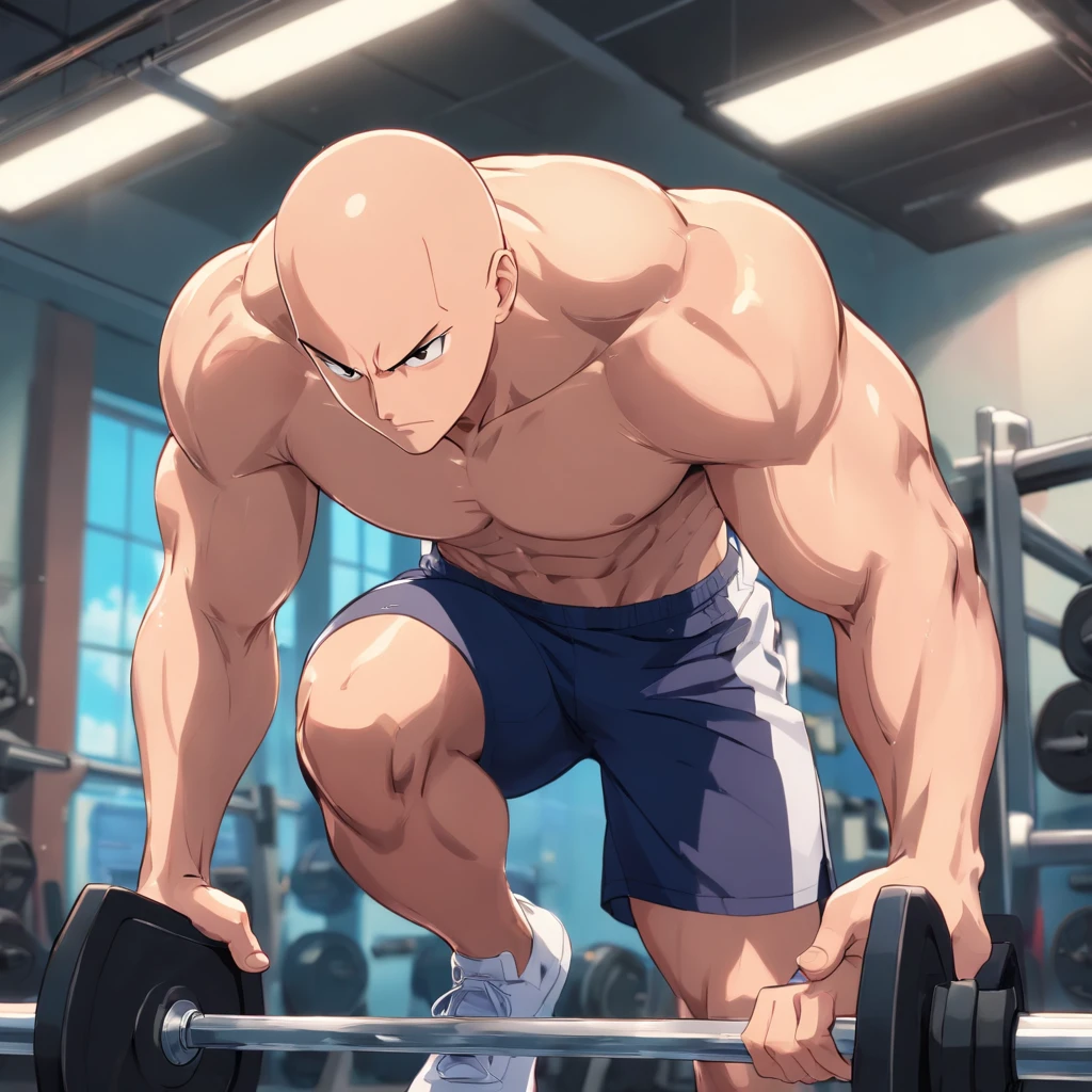 Saitama ((careca)), Um homem de soco, masculino, Working out intensely in a bodybuilding gym, Well-defined and detailed muscles,