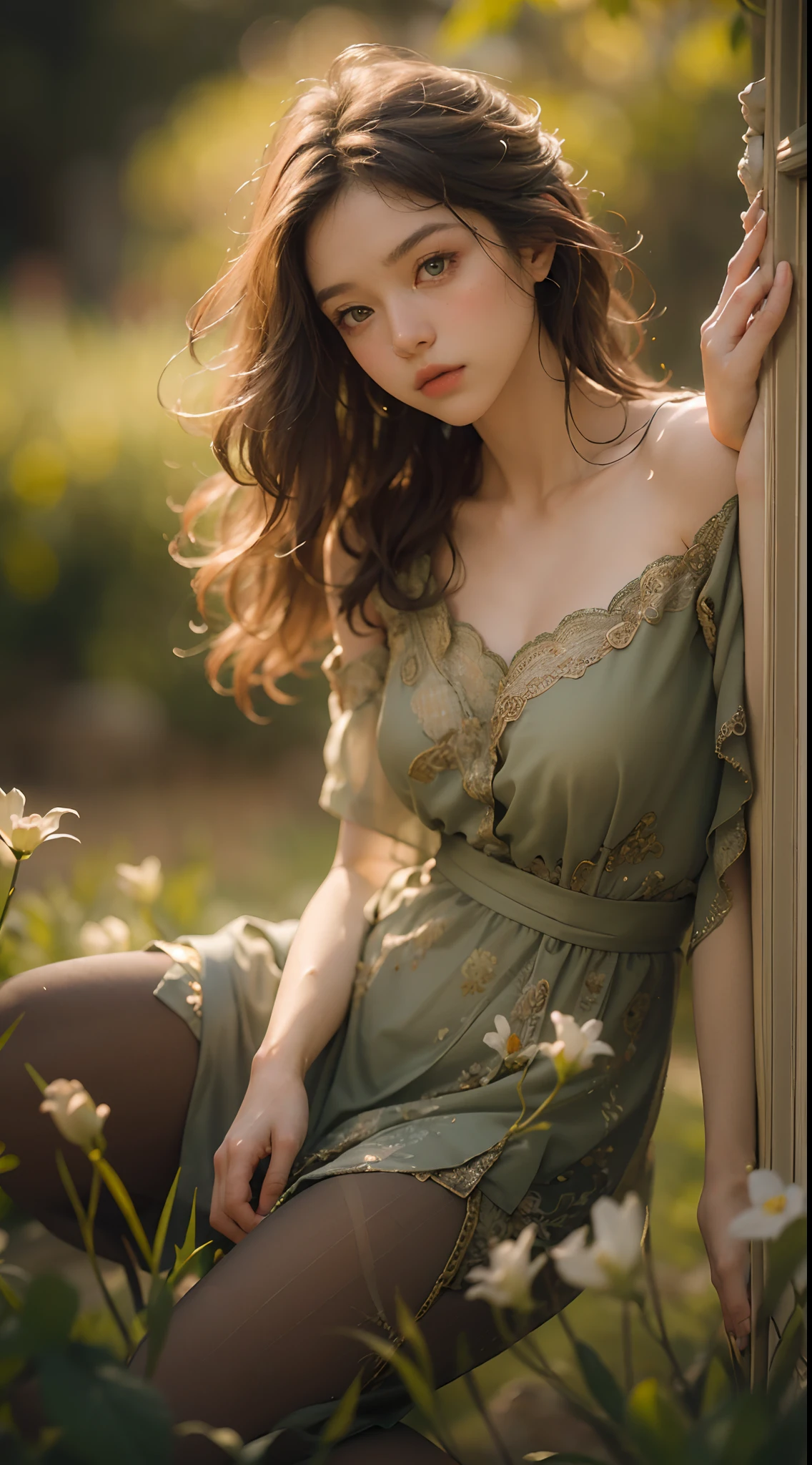 (best quality,masterpiece,ultra highres,photorealistic:1.4),raw beautiful woman, green eyes, Caucasian,off shoulder,cinematic lighting,portraits,detailed eyes lush, green garden,soft sunlight,golden hour,warm color palette,vibrant colors,subtle shadows,graceful pose,flowing hair,perfect complexion,expressive lips,tall grass,whimsical atmosphere,ethereal beauty,serene mood,gentle breeze,delicate flowers,peaceful setting,romantic ambiance,expressive gaze,fine details,dreamy backdrop,subtle backlighting,feminine elegance,harmonious composition,impeccable lighting balance,majestic atmosphere,stylish fashion,knee-length dress,graceful movements,carefully blended colors,luminous skin,soft focus,enchanted garden scenery,serenity,serene daydreams,colored bokeh,magical softness,wistful expression,timeless elegance