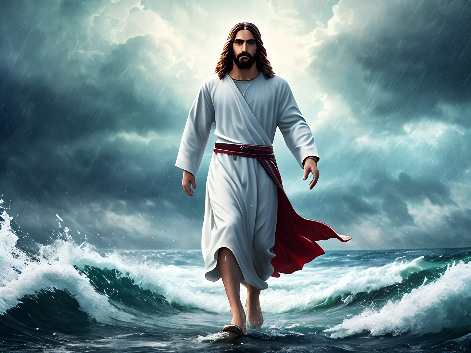 jesus walking on water in a storm, masterpiece, best quality, high quality, extremely detailed CG unit 8k wallpaper, award winning photography, Bokeh, Depth of Field, HDR, bloom, Chromatic aberration, photorealistic, extremely detailed, trending on artstation, trending on CGsociety, intricate, high detail, dramatic, mid-journey art, volumetric lighting