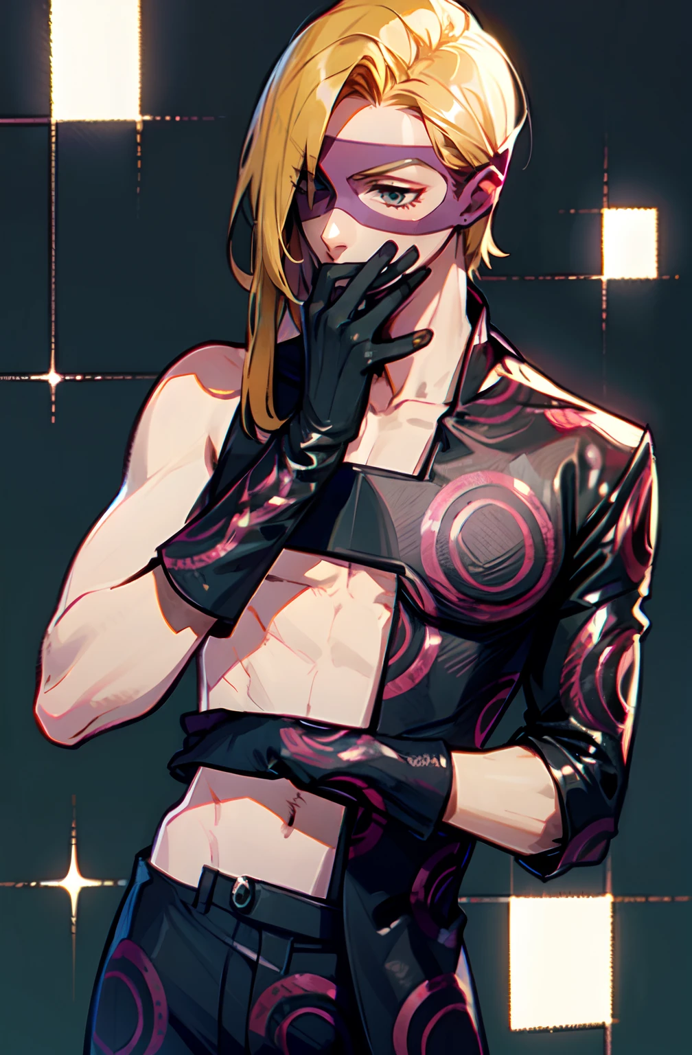 melone, solo, long hair, blonde hair, gloves, 1boy, male focus, clothing cutout, mask, single bare shoulder, domino mask, cowboy shot