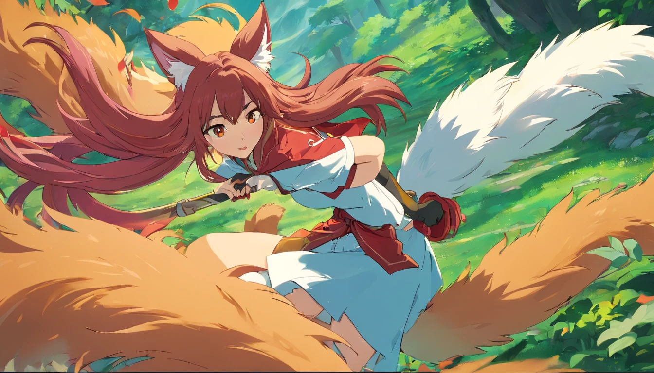 Ahri de League of Legends, foto do corpo todo, perfect hands, cabelos pretos e longos, nine white fox tails on the tailbone, orelhas de raposa pretas, roupa de samurai vermelha, papel de parede, fundo em Iona, rosto sexy oriental, cabelo preto