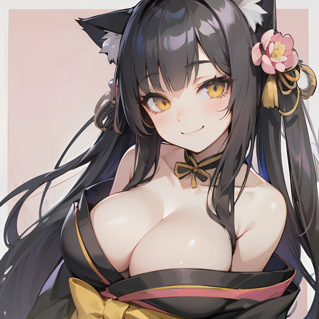 1girl, long black hair, sharp yellow eyes, cat ears, cat tail, black kimono, medium breast, smirk, solo, best quality, masterpiece, portrait, simple background, looking at the camera, from the front, 1result, vibrant, detailed, perfect anatomy, detailed art, high definition, 4k, high resolution