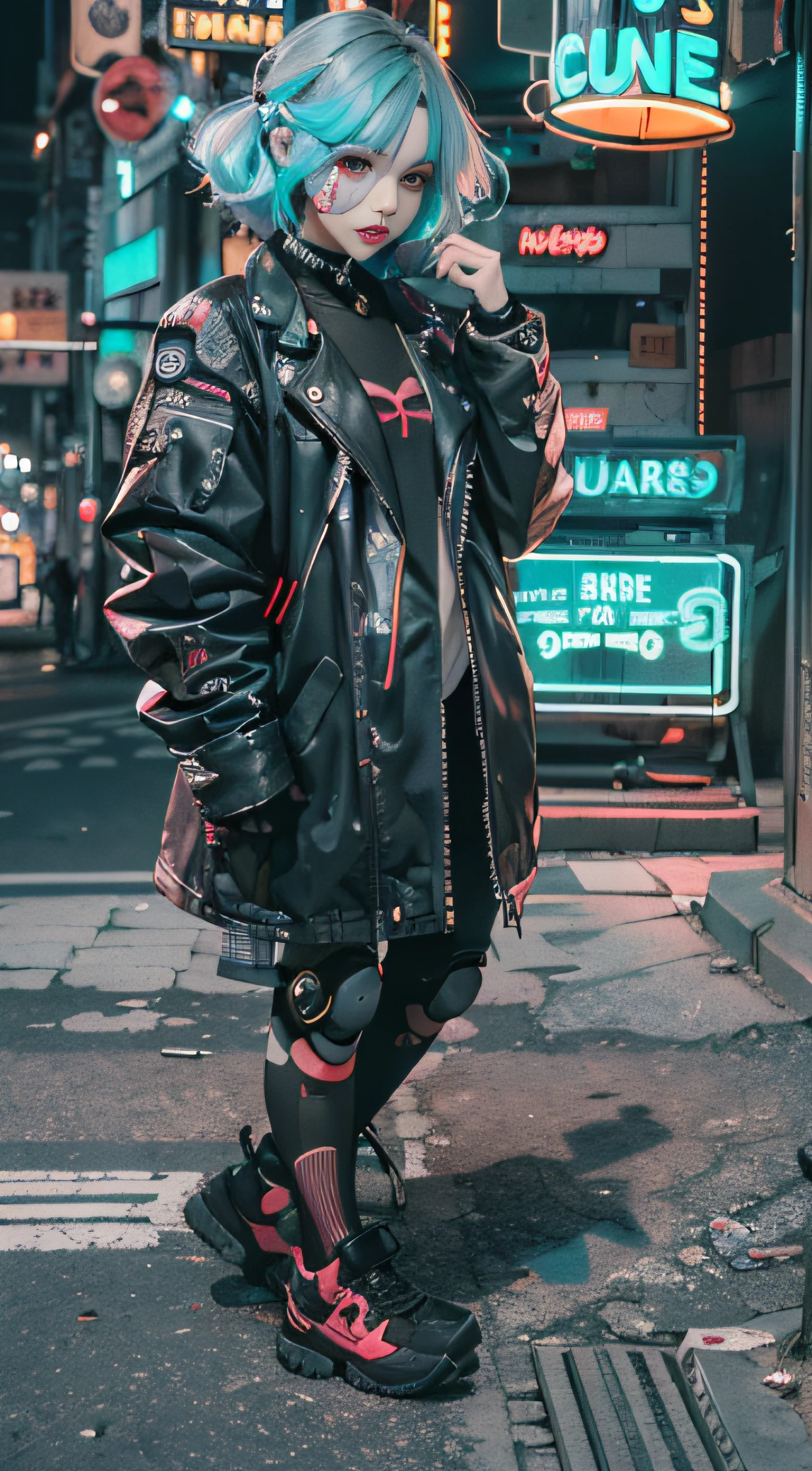 master part, best quality, Garota cyberpunk confiante, tiro de corpo inteiro, ((standing in front of the motorcycle)), Roupa pop inspirada em Harajuku, bold colors and patterns, Attractive accessories, penteado moderno e inovador, maquiagem vibrante, Paisagem urbana deslumbrante cyberpunk, skyscrapers, neon signs, luzes led, esquema de cores vivas e brilhantes, anime, illustration, Textura detalhada da pele, textura de pano detalhada, Rosto bonito e detalhado, detalhes intrincados, ultra detalhado.