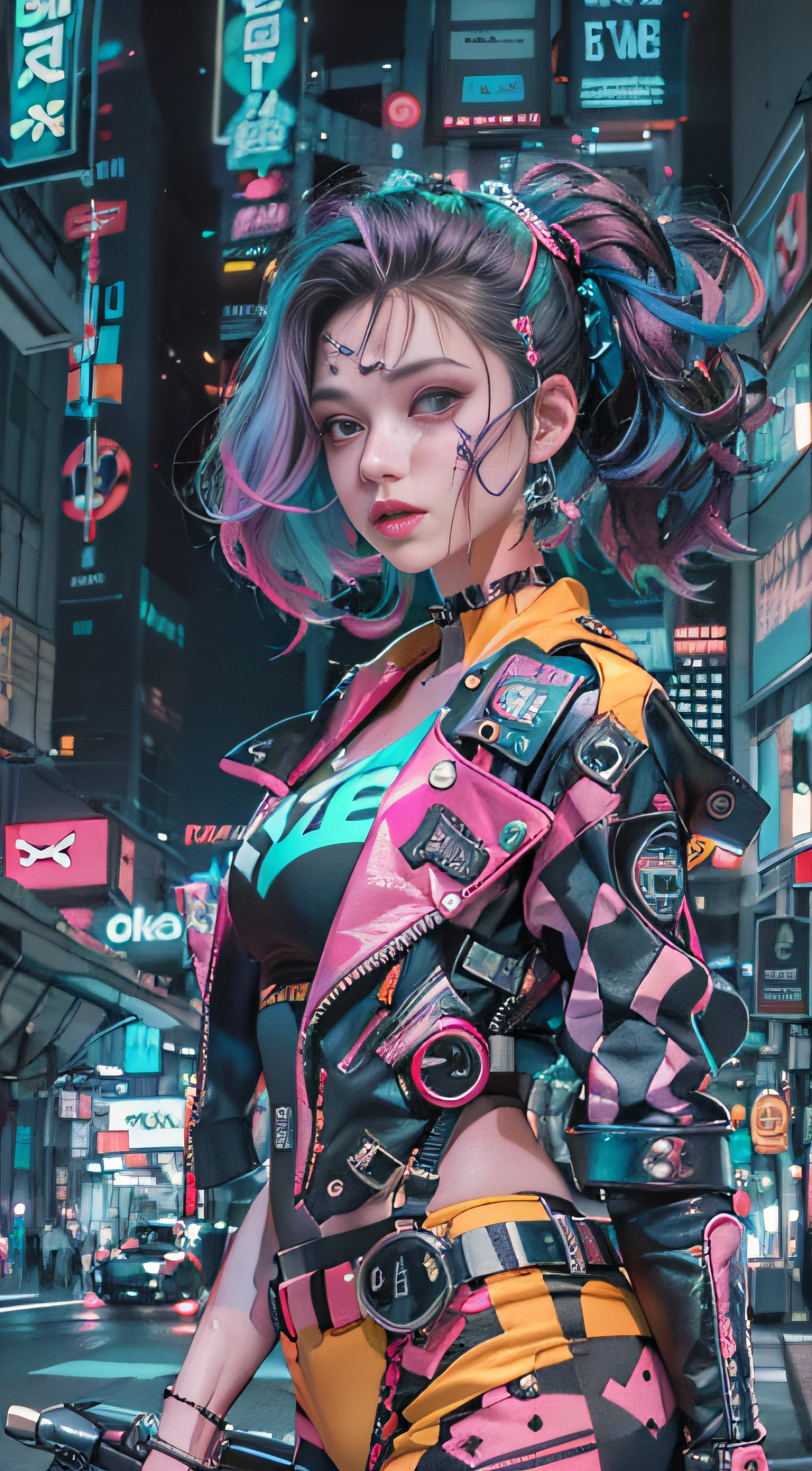master part, best quality, Garota cyberpunk confiante, tiro de corpo inteiro, ((standing in front of the motorcycle)), Roupa pop inspirada em Harajuku, bold colors and patterns, Attractive accessories, penteado moderno e inovador, maquiagem vibrante, Paisagem urbana deslumbrante cyberpunk, skyscrapers, neon signs, luzes led, esquema de cores vivas e brilhantes, anime, illustration, Textura detalhada da pele, textura de pano detalhada, Rosto bonito e detalhado, detalhes intrincados, ultra detalhado.