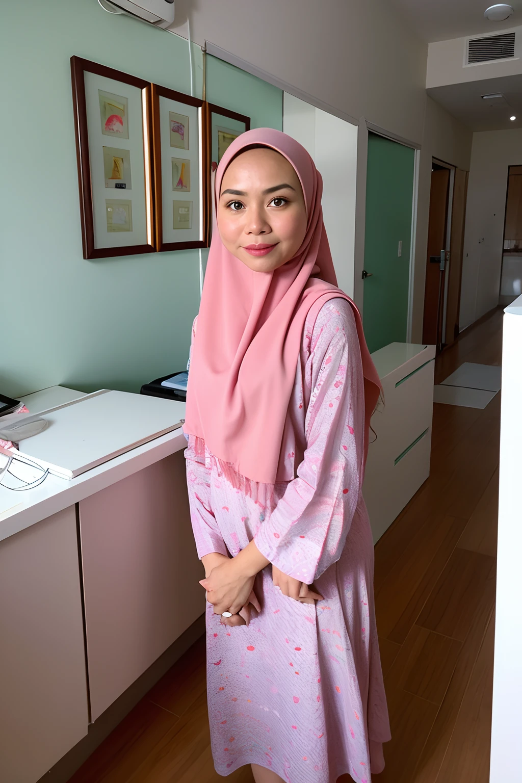 1 malay girl , modern plain hijab, shy, medium portrait shot , watery eyes , wear pastel pink peplum dress, blue bedroom background, bright front light, she try to remove pants pose,