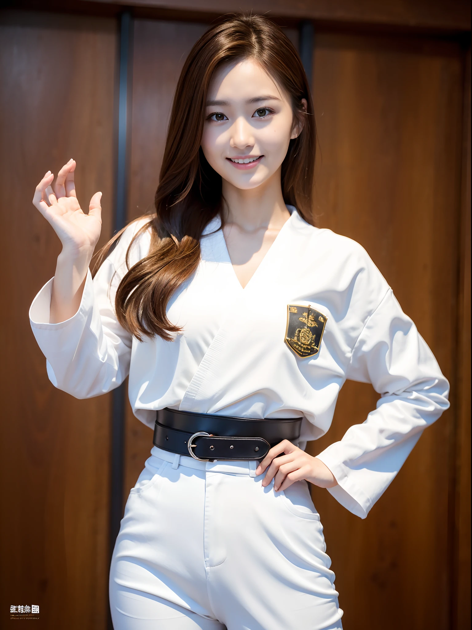 (Photorealsitic)(), Beautuful Women, (8K Beauty Full Body Portrait), Colossal tits,Stand alone, White karate uniform with no stomach visible, White Hand Belt, White karate pants, Perfect facial detail, attractive beautiful face, 二重まぶた, Beautiful detailed eyes, long eyeslashes, (Smile: 1.15), ligh brown hair, Hair that does not fall on the shoulders, TOKYOcty,1 female, Toned waist, Beautiful thin legs, toned ankles, bare-legged ,