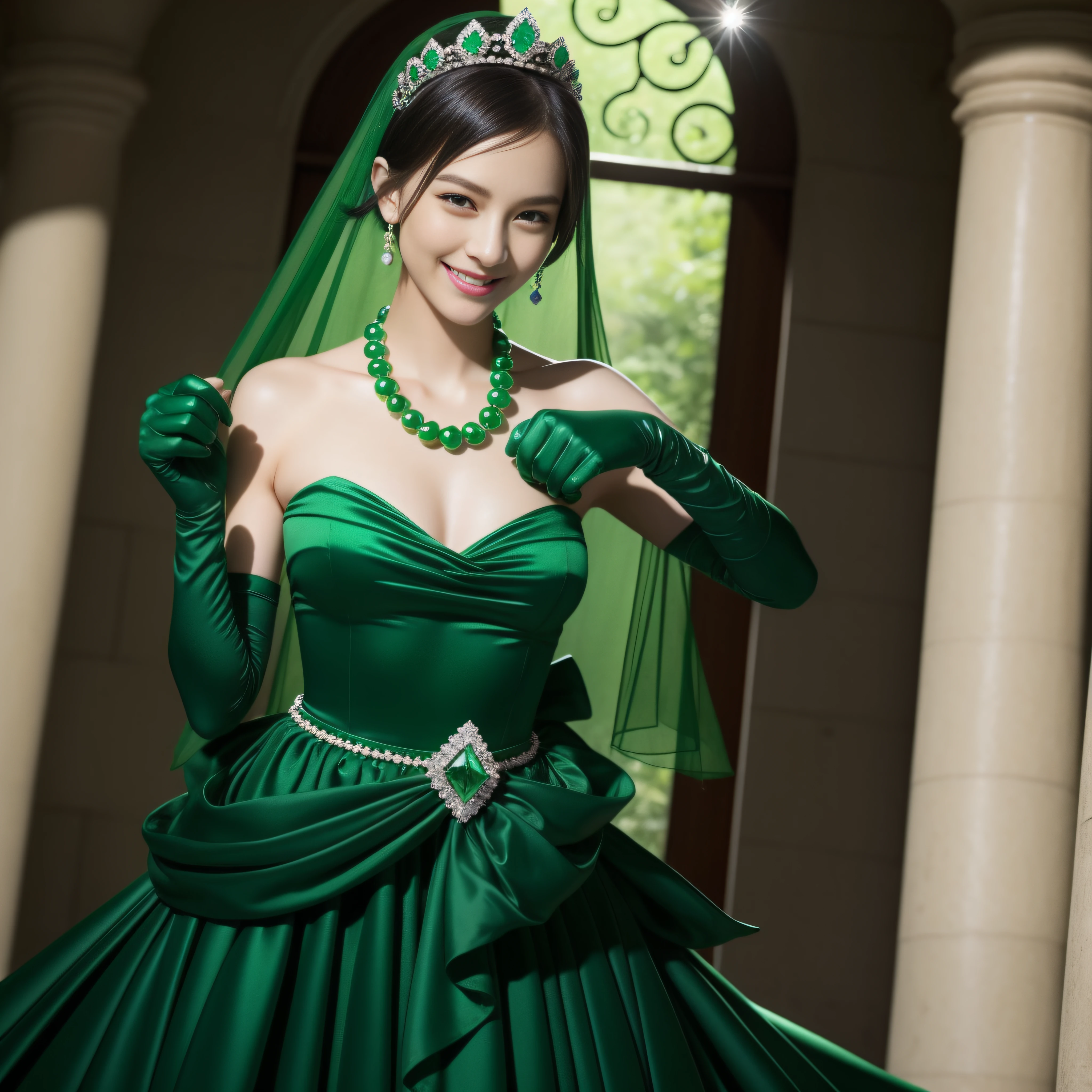 emerald tiara, Green Pearl Necklace, Boyish very short black hair, lipsticks, Japan woman smiling, very short short hair, fist, big breasts beautiful, Green eyes, Long green gloves made of satin material, Green eyes, Emerald Earrings