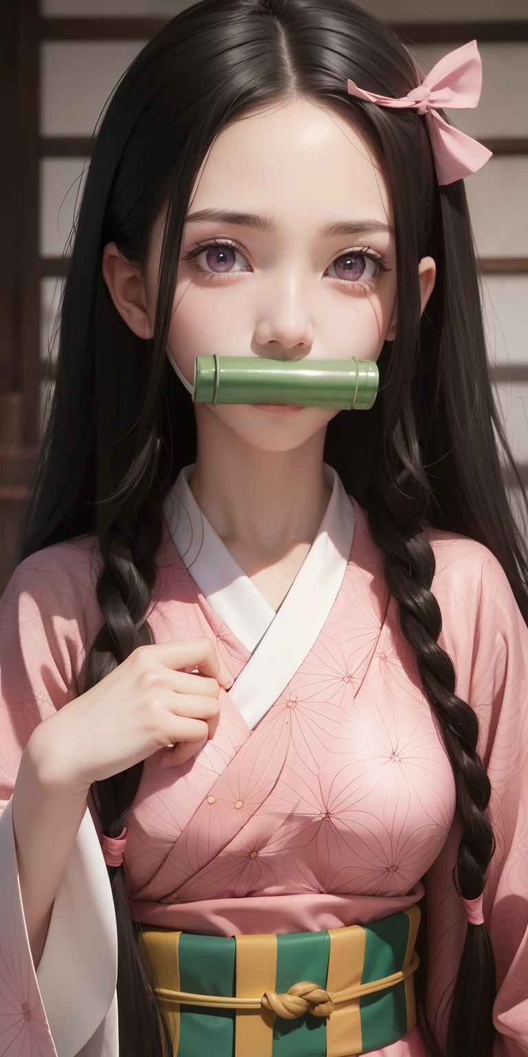 nezukokamado, nezuko kamado, bamboo, (bit gag:1.5), black hair, (forehead:1.5), gag, gagged, hair ribbon, long hair, multicolored hair, (pink eyes:1.5), orange hair, slit pupils, wavy hair, two-tone hair,
BREAK asa no ha (pattern), checkered sash, haori, japanese clothes, kimono, long sleeves, obi, pink kimono, sash, wariza,  wide sleeves,
BREAK looking at viewer,
BREAK indoors,
BREAK (masterpiece:1.2), best quality, high resolution, unity 8k wallpaper, (illustration:0.8), (beautiful detailed eyes:1.6), extremely detailed face, perfect lighting, extremely detailed CG, (perfect hands, perfect anatomy),