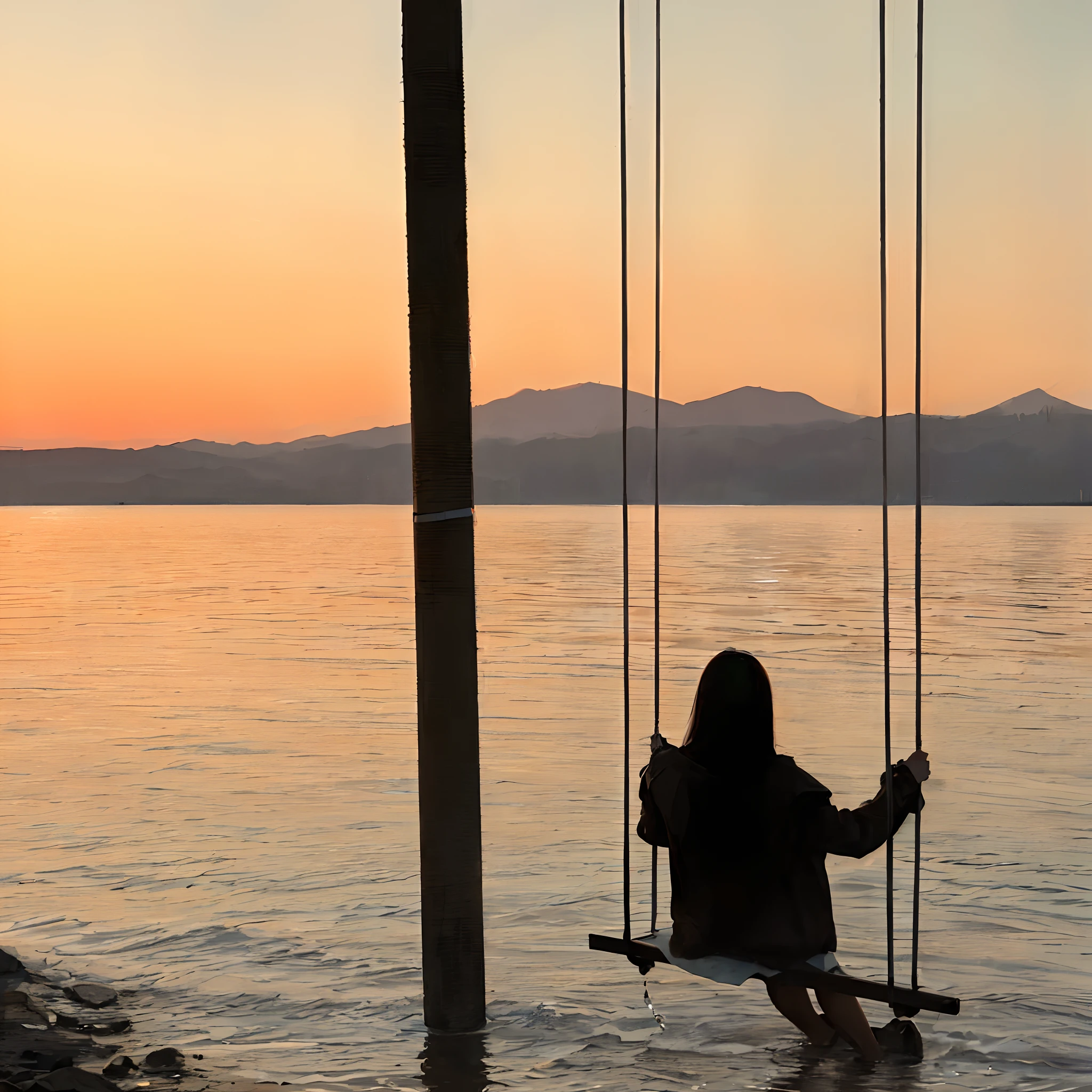 Alafi sits on a swing in the water at sunset, girl watching sunset, with a sunset, With sunset, at the sunset, sentado em frente a um lago, In the sunset, Hanging, at a beautiful sunset, late sunset, at the beach on a sunset, looking out at a sunset, watching the sunset, Beautiful image, Sitting down, 2D