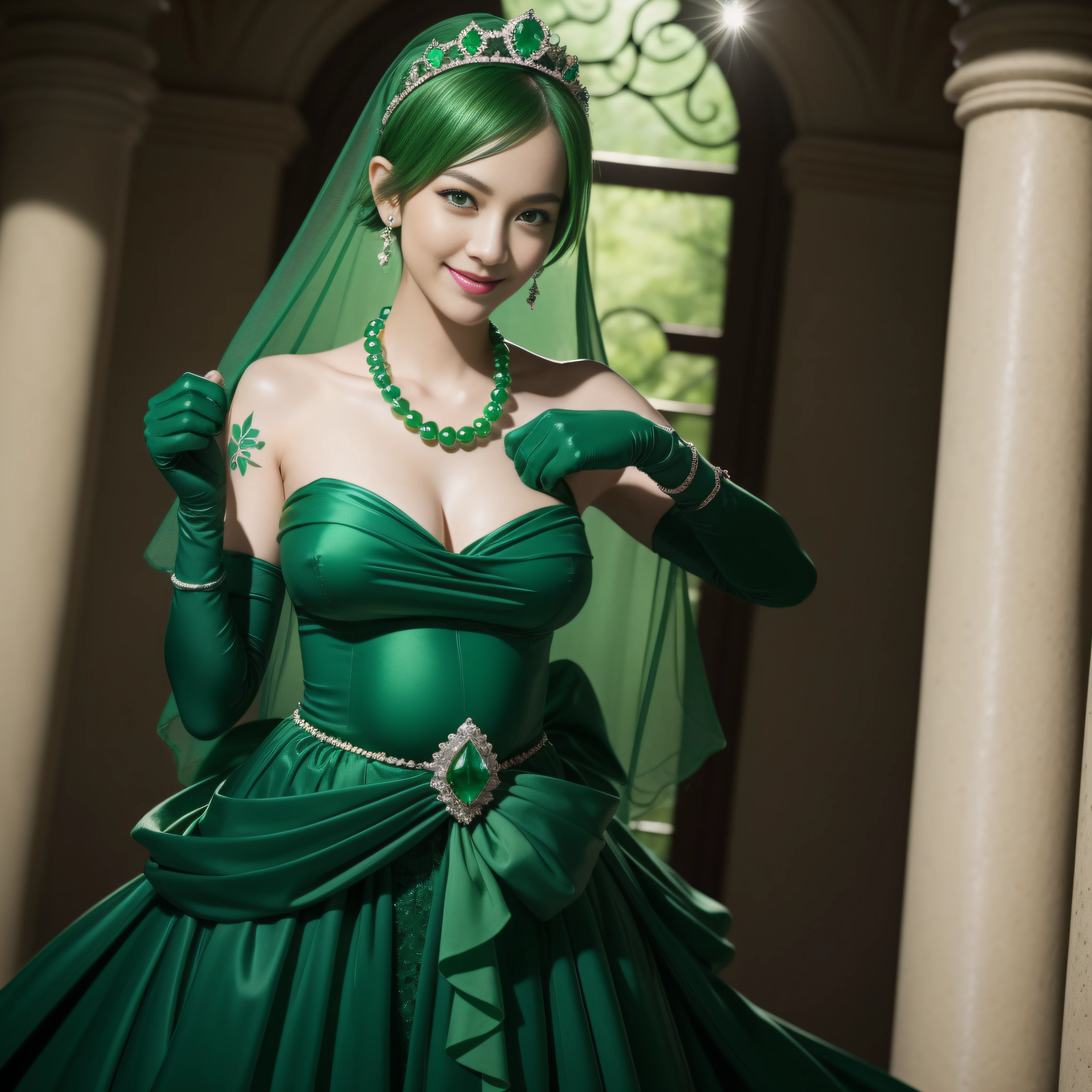 emerald tiara, Green Pearl Necklace, Boyish very short green hair, lipsticks, Japan woman smiling, very short short hair, fist, big breasts beautiful, Green eyes, Long green gloves made of satin material, Green eyes, Emerald Earrings, Pregnancy, Pregnant Woman, The tattoo, The tattoo