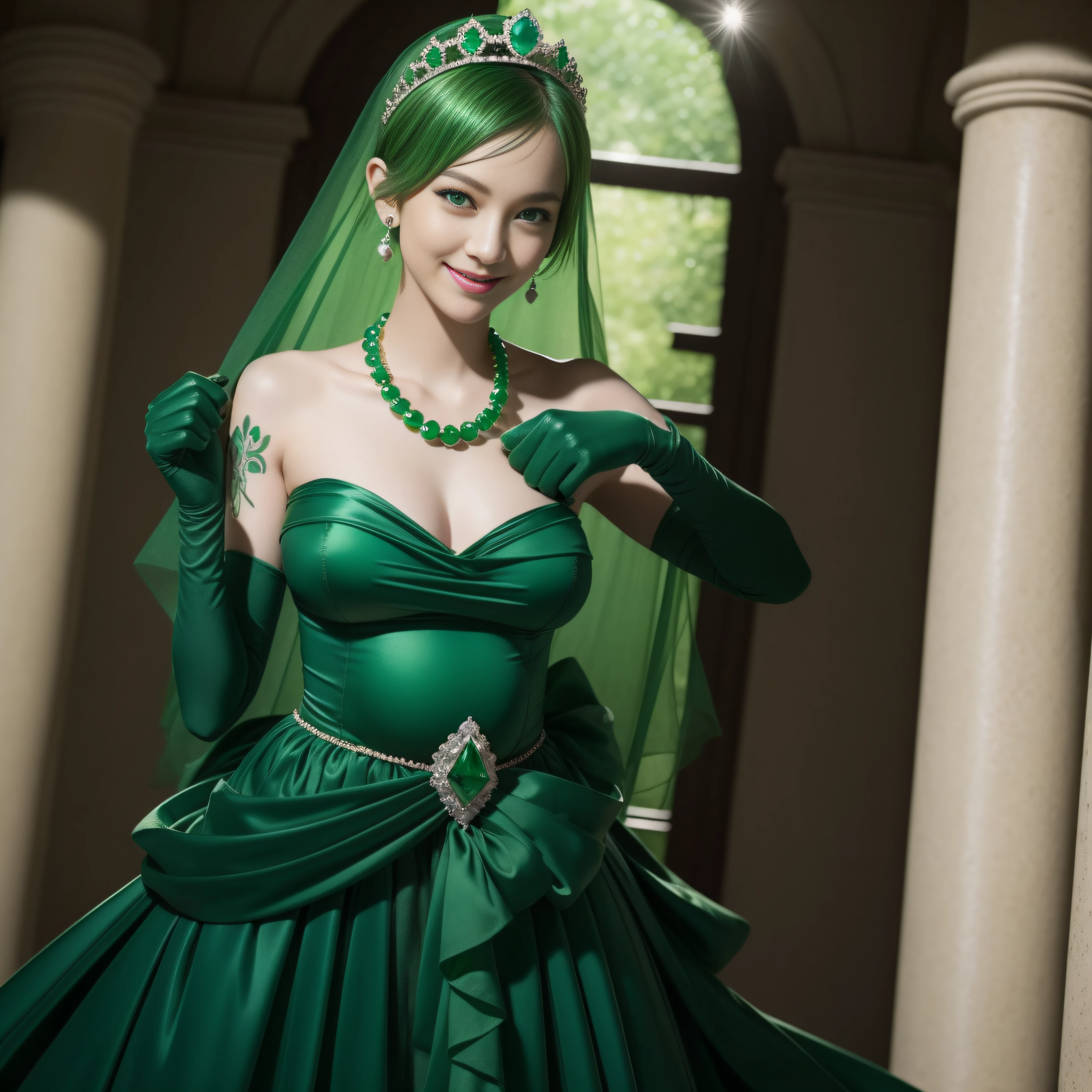 emerald tiara, Green Pearl Necklace, Boyish very short green hair, lipsticks, Japan woman smiling, very short short hair, fist, big breasts beautiful, Green eyes, Long green gloves made of satin material, Green eyes, Emerald Earrings, Pregnancy, Pregnant Woman, The tattoo, The tattoo