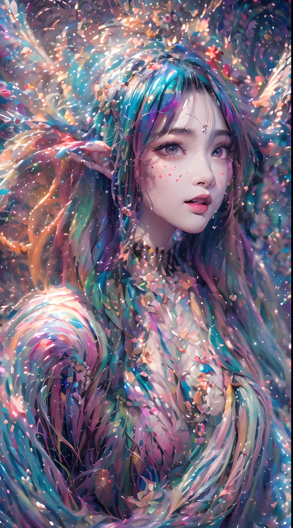 ( Absurd, High quality, Ultra-detailed, Masterpiece, concept-art, smooth, high detail artwork, Hyper-realistic painting , high resolution, paint splatter, colored splashing, Splash of Ink, colored splashing), ((Sweet Chinese girl, Rainbow hair)),elf, Plum elf, plum , Transparent fairy wings, huge tit,low chest,fairytale-like, Romantic, Vivid, Whole body,hand behind back,Malu,largeeyes,(Eye focus),Cosmic eyes,Space eyes,In nature with waterfalls,PureErosFace_V1,Urzang-6500-V1 Edition.1,
