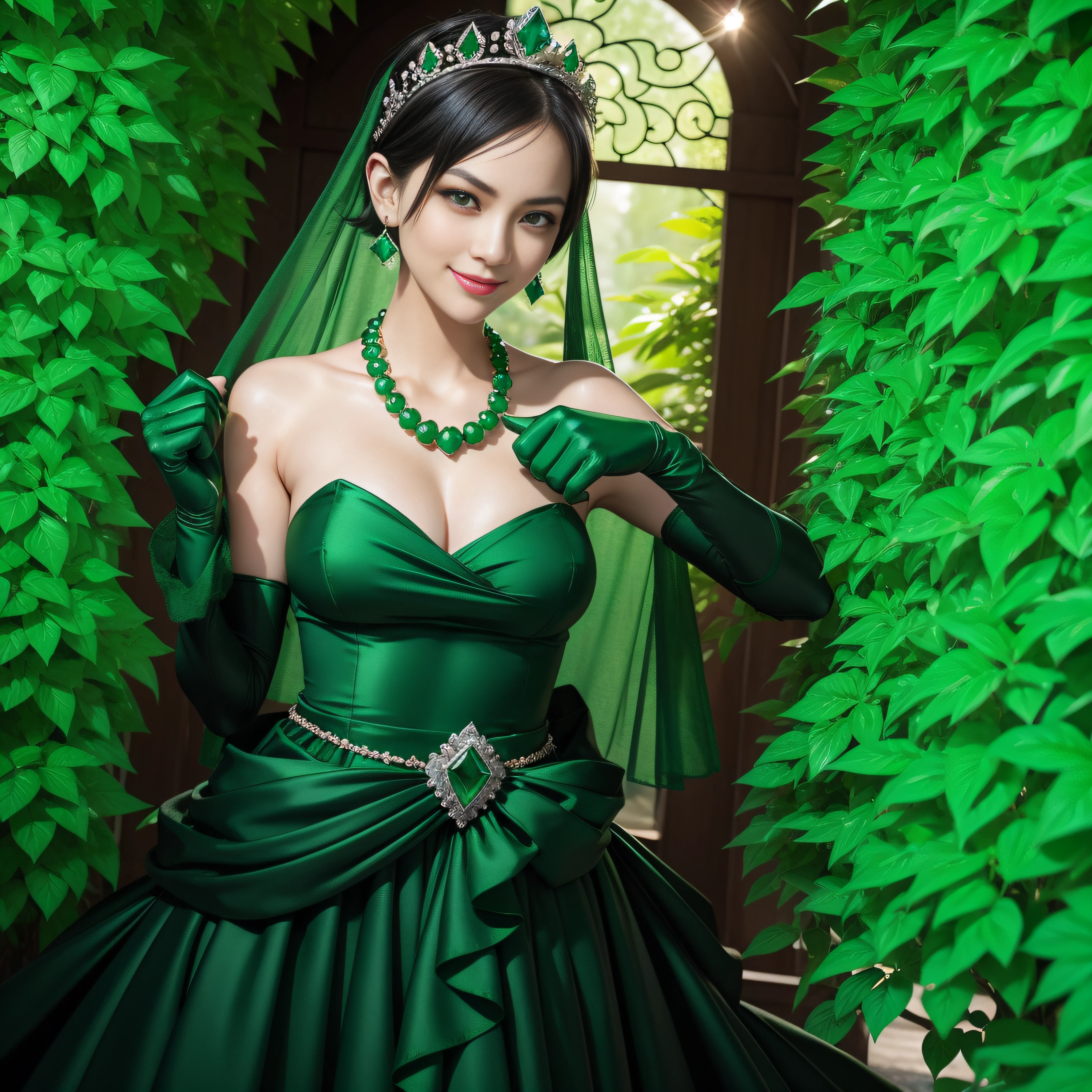 emerald tiara, Green Pearl Necklace, Boyish very short black hair, lipsticks, Japan woman smiling, very short short hair, fist, big breasts beautiful, Green eyes, Long green gloves made of satin material, Green eyes, Emerald Earrings