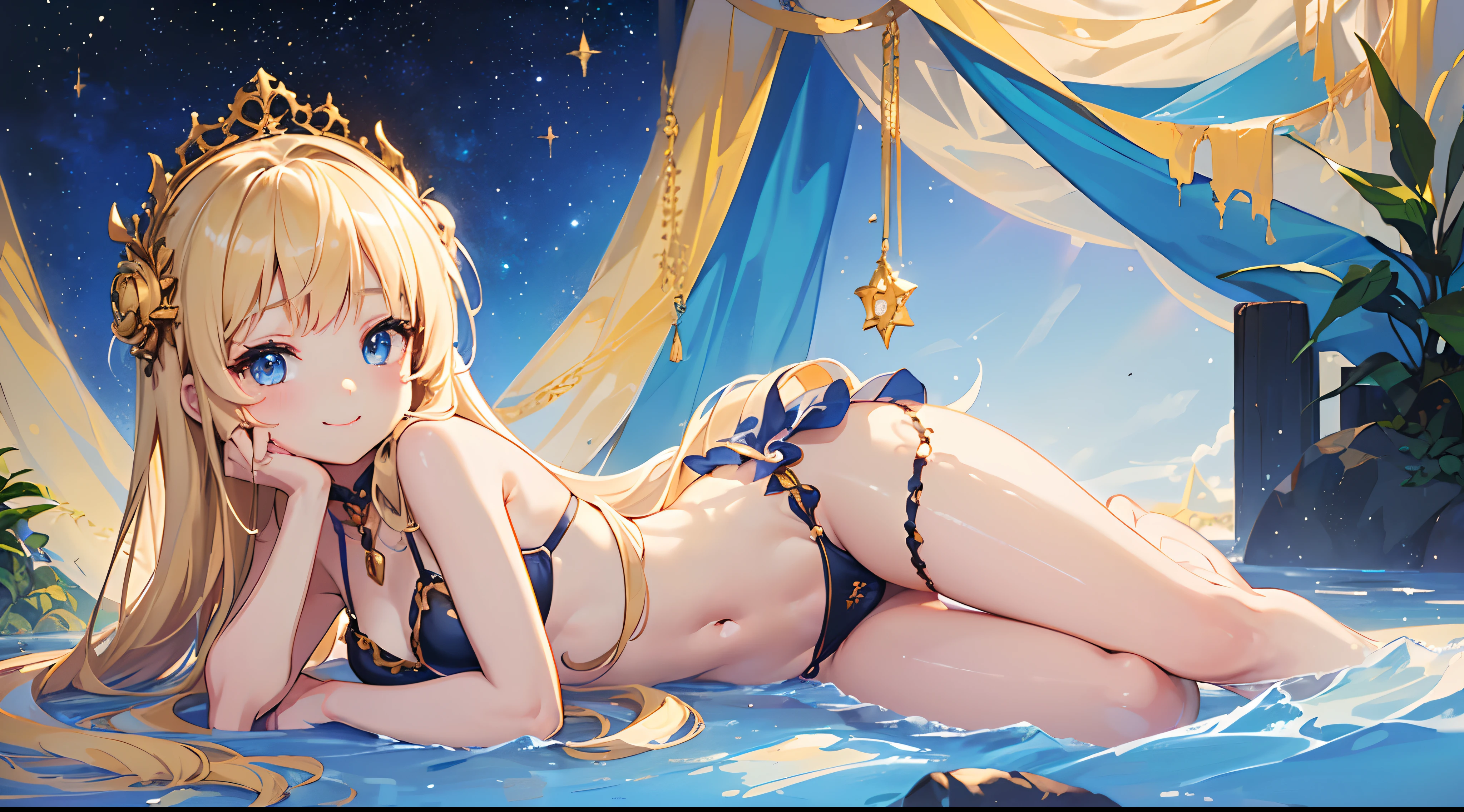 (top quality beautiful illustration),(((cute little ))),(((tiny loli(((little gmall body))),(((childish face))),(((very fine pretty face))),(blonde long hair),(very detail shiny blue eyes),(seductive),(smile),(large breasts),(black bikini),(night time),(sexy pose)