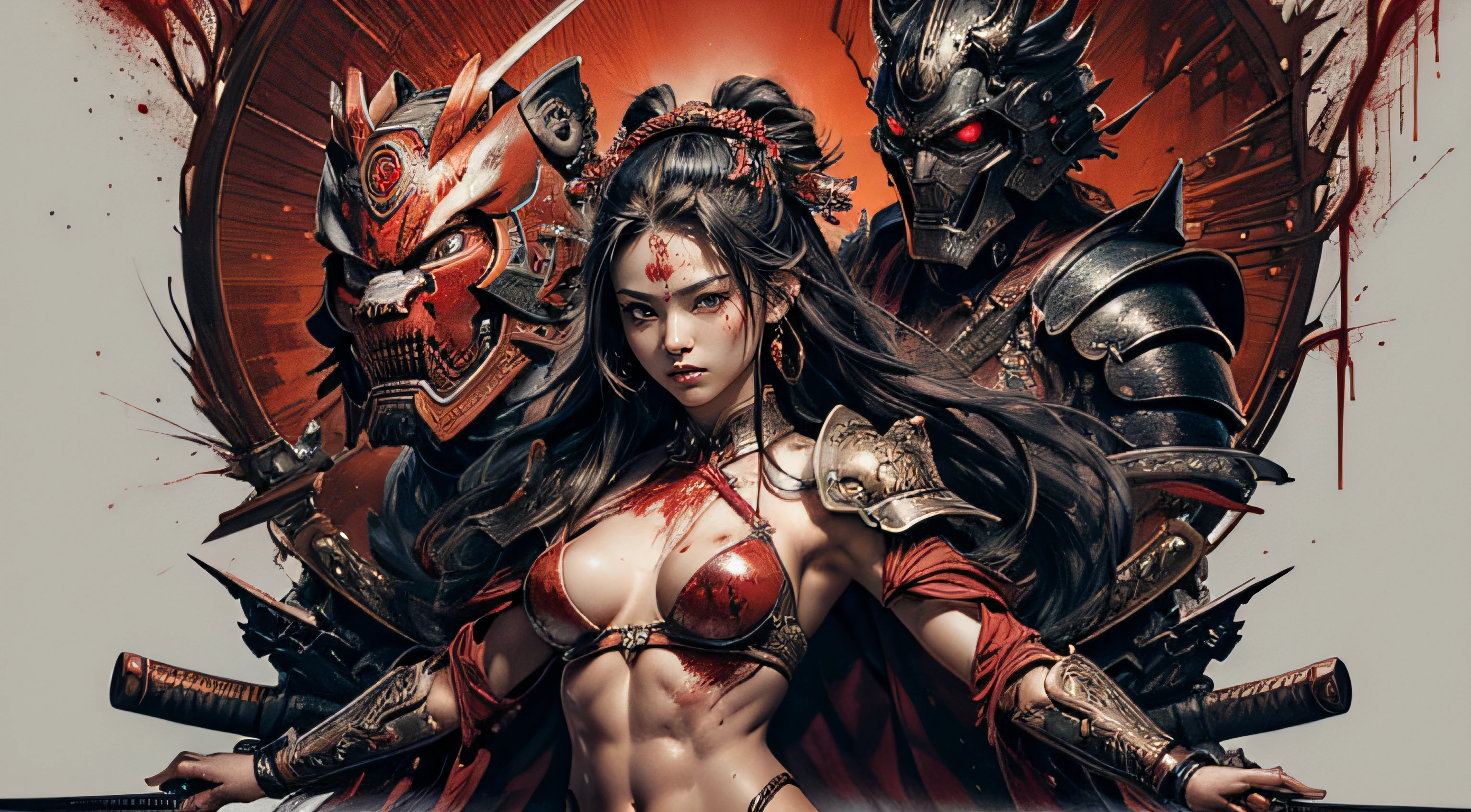 (masterpiece, top quality, best quality, official art, beautiful and aesthetic:1.2), (1girl:1.3), extreme detailed,colorful,highest detailed ((ultra-detailed)), (highly detailed CG illustration), ((an extremely delicate and beautiful)),cinematic light,((1 samurai girl)),solo, (full body),(armored arms and legs:1.2),((samurai mask)),((sexy armor)), seductive expression, fire mountain,(character focus),historical fiction, samurai armor black and red, (blood:1.5), cleavage, (bare breasts), stomach, (thin and tall), toned abs, 8k detail. sexy girl.