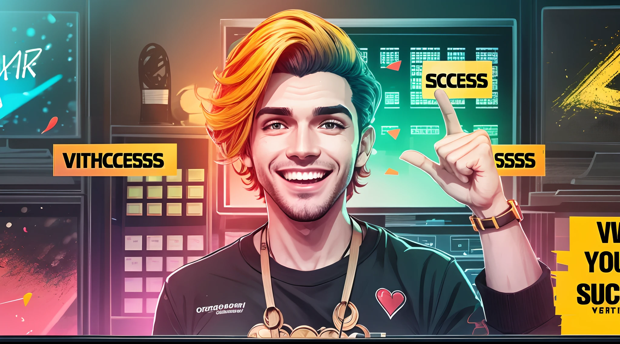 Homem com um sorriso, Confident face of a successful content creator. The creator is pointing to your computer screen, as if inviting the viewer to watch the video. The creator is wearing clothes and accessories that convey an image of success. Fundo vermelho desfocado, best quality, Ultra Detalhe, qualidade superior, experience, cores vivas e intensas, cores vibrante e chamativa mostrando um youtuber de sucesso