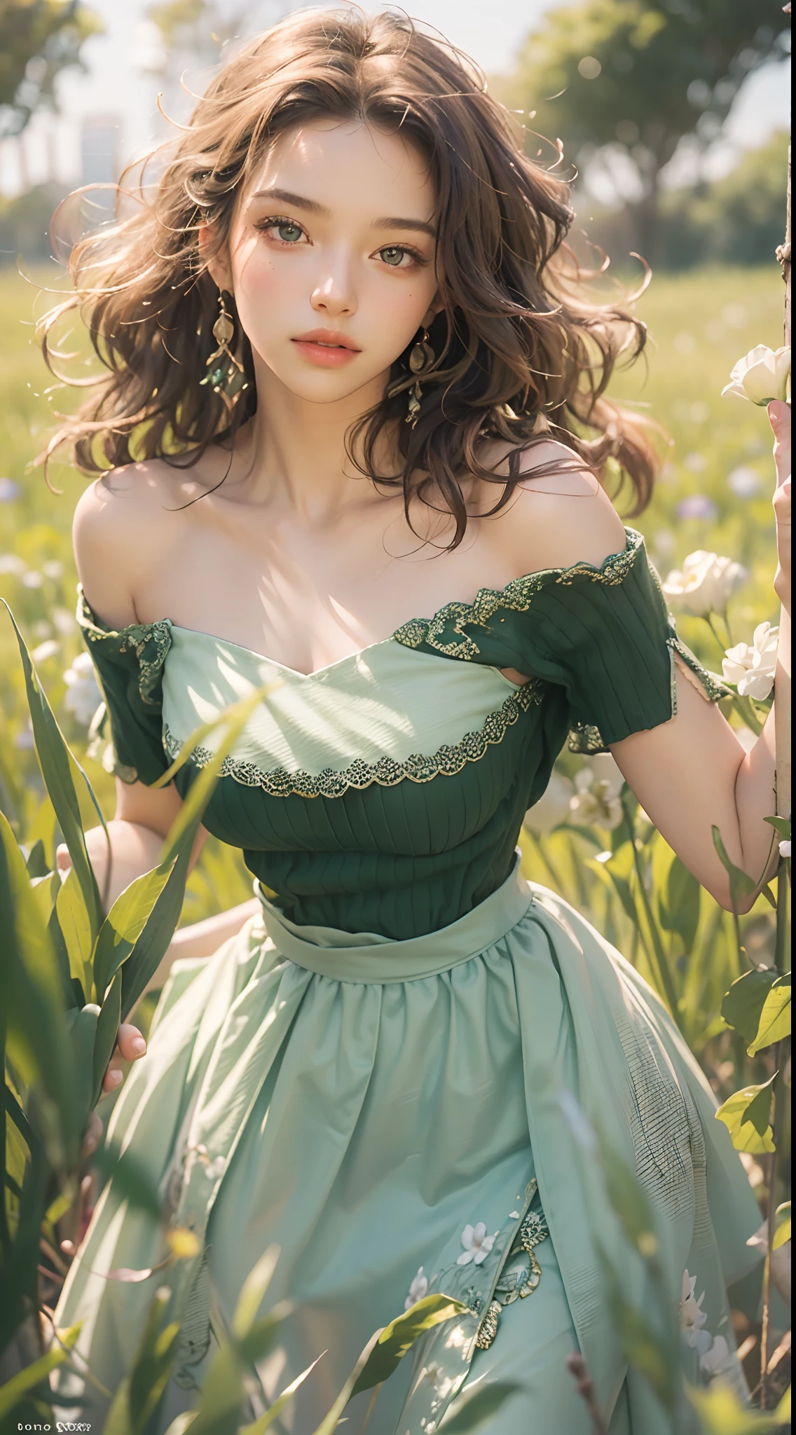 (best quality,4k,8k,highres,masterpiece:1.2),ultra-detailed,(photorealistic,photo-realistic:1.37),raw beautiful women, off-shoulder green dress,cinematic lighting,colored,expressive eyes,detailed lips,soft background,subtle shadows,feminine appearance,posing in a field,black wavy hair,grass,flowers, summertime,vibrant colors, warm tones,illuminated by the setting sun