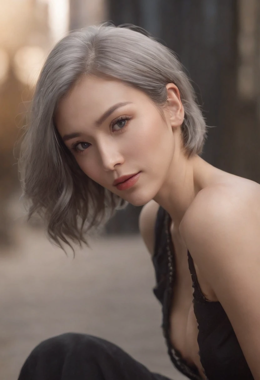 Girl with short gray hair,中景 the scene is,cleavage,Bare body,full bodyesbian, highly detailed surreal vfx,OC rendering shot with 70mm - AR 16:9 --q 2 --s 1000