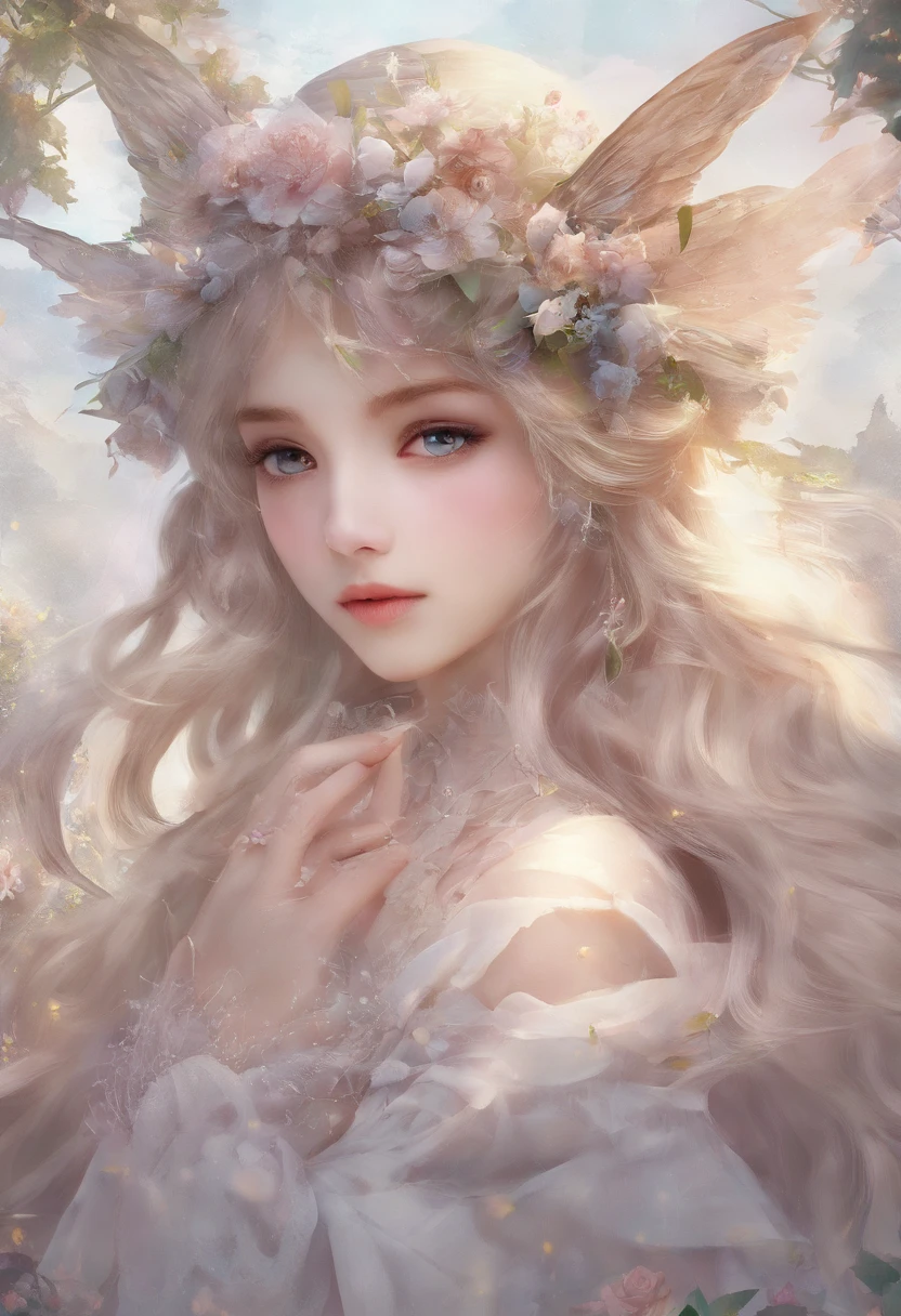 1girl in,独奏, Official art、Unity 8k Wallpapers、ultra-detailliert、Beautifully Aesthetic、Beautiful fece、​masterpiece、top-quality、 Metamorphosis、depth of fields、lolita、robe blanche、Facing the front、big eye、