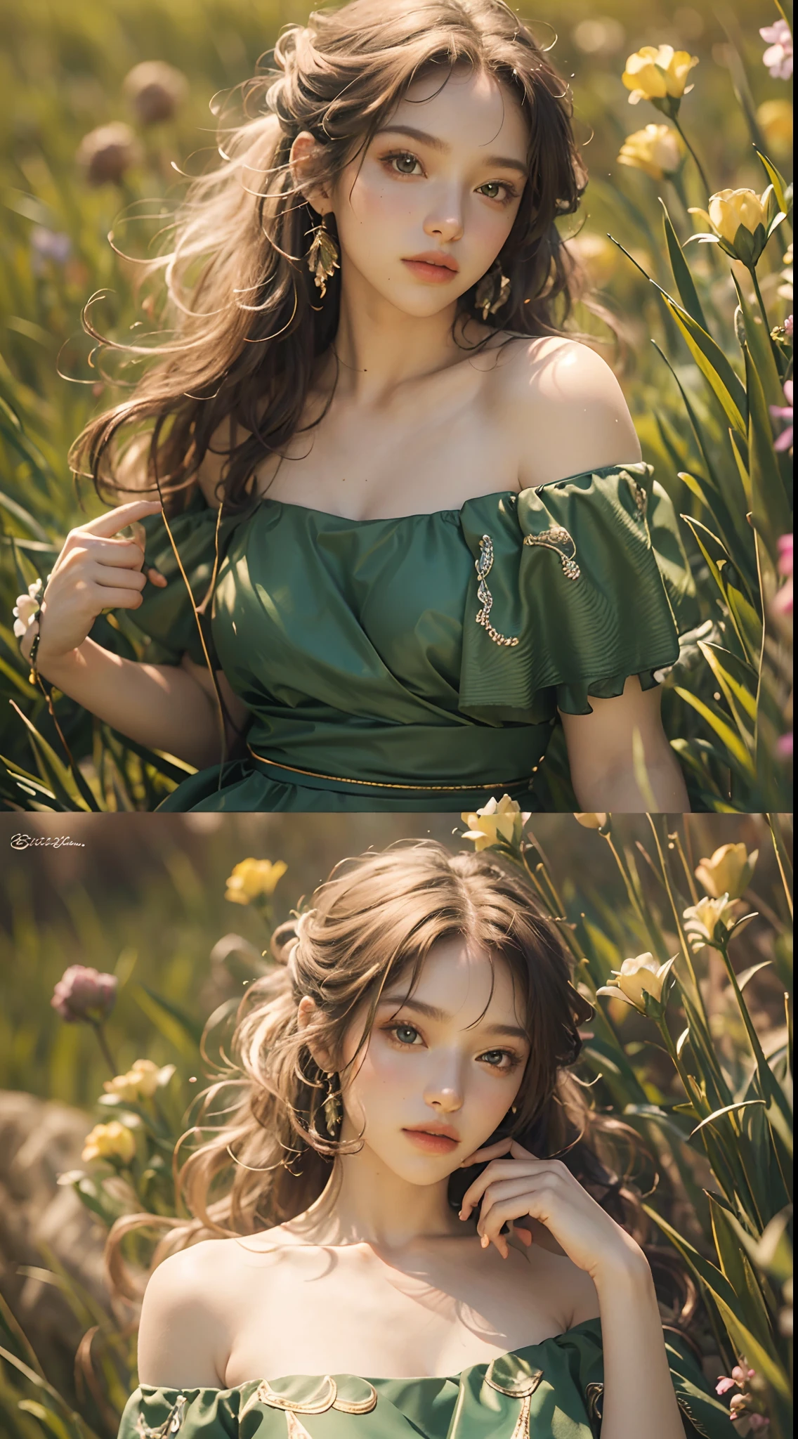 (best quality,4k,8k,highres,masterpiece:1.2),ultra-detailed,(photorealistic,photo-realistic:1.37),raw beautiful women, off-shoulder green dress,cinematic lighting,colored,expressive eyes,detailed lips,soft background,subtle shadows,feminine appearance,posing in a field,black wavy hair,grass,flowers, summertime,vibrant colors, warm tones,illuminated by the setting sun