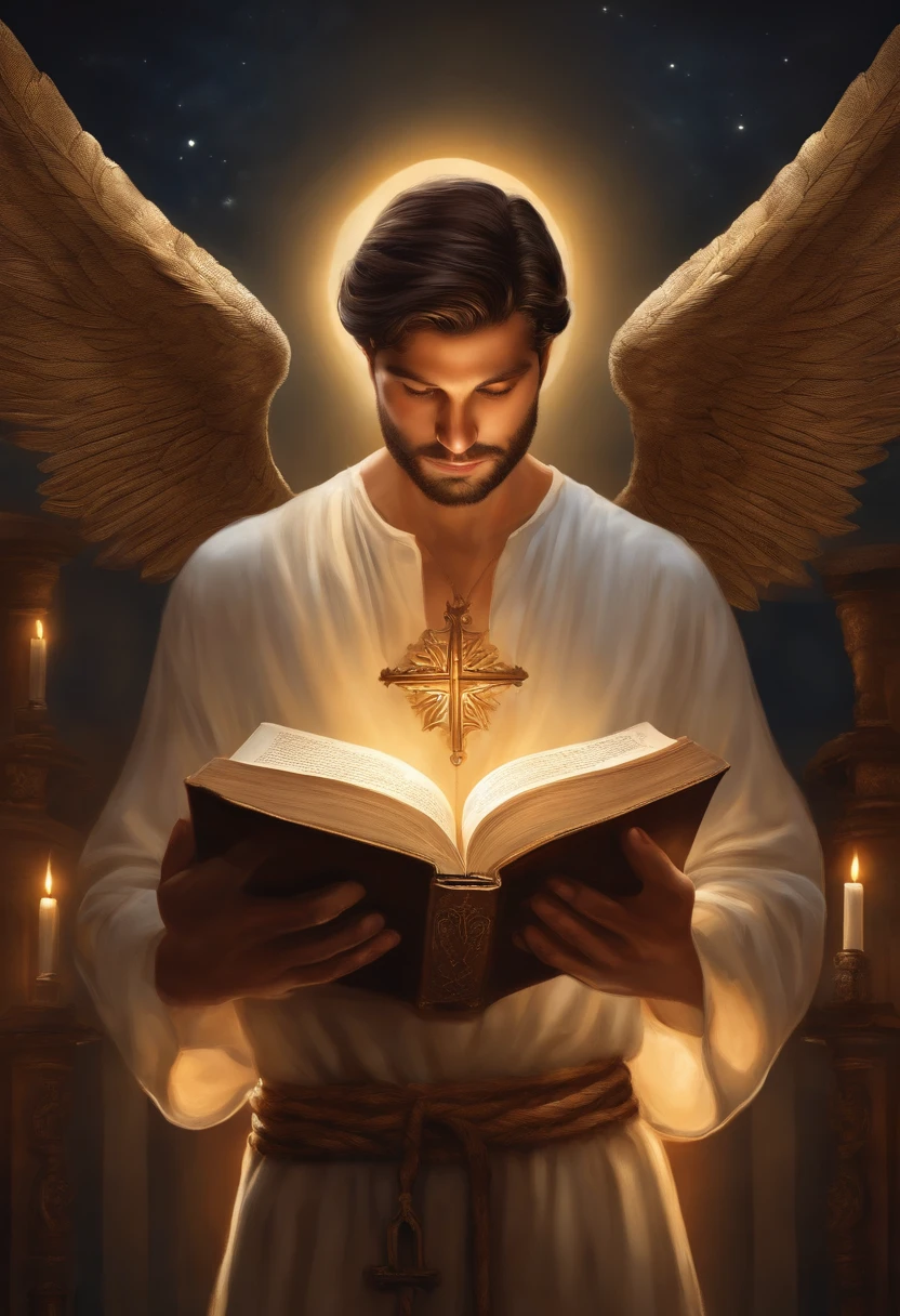 Draw a man standing, holding an open Bible in your hands, enquanto um feixe de luz se transforma em um anjo guerreiro poderoso, com armadura reluzente e uma postura determinada, pronto para proteger e lutar ao lado do homem.