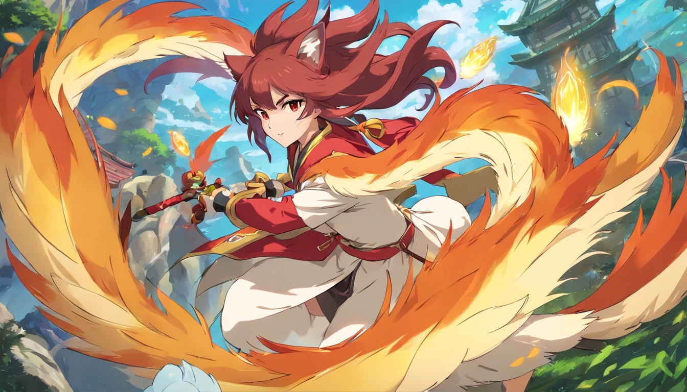 Ahri de League of Legends, foto do corpo todo, perfect hands, cabelos pretos e longos, nine fox tails on the tailbone, orelhas de raposa pretas, roupa de samurai vermelha, papel de parede, fundo em Iona, rosto sexy oriental, cabelos pretos escuros, imagem horizontal, celular