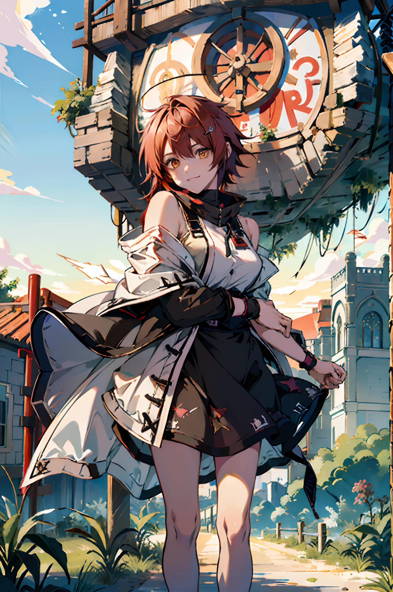 Pure sky，Plump legs，Anime girl standing gracefully on the ground，Black cape and red hair, rogue anime girl, Anime girl standing, Wearing a cloak on the blasted plain, asuka suit under clothes!, angel girl, badass posture, mechanic punk outfit, anime styled 3d, render of a cute 3d anime girl, gapmoe yandere grimdark, Female character，musculature，Abs，glowing bright yellow eyes，Bright red hair，short detailed hair，Dull hair，（Muscle 2.0），Tomboyish，Be red in the face，looking at viewert，Elaborate Eyes，huge tit，1.5，Put your hands in your pockets，ssmile，blacksilk，Straight big breasts，strappy，Black hot miniskirt，White bandeau，Toothless smile，Lower breast，Mechanical wind，There are no cities，Side breasts，Excitation，Top crotch，Sexy lower abdomen，extremely large bosom，High-fork panties，looking at viewert，nabel，chest-hugging，The halo，dynamicposes，Tall anime girl，cropped shoulders，Clean and pure sky，Place the index finger of your right hand in front of your mouth，over knee socks，Half-off white cloak，Ark of Tomorrow，Can angel