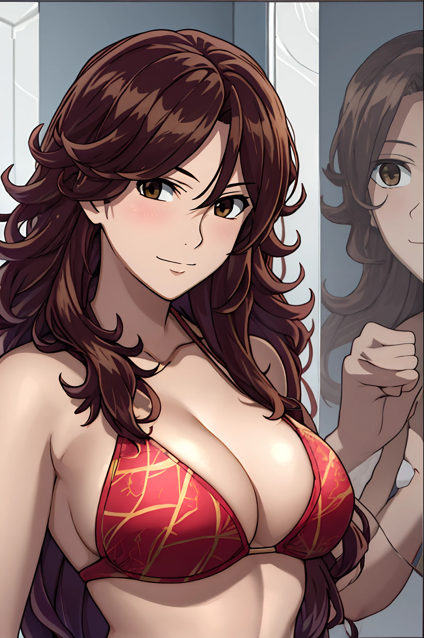 cowboy shot, detailed face, upper body view, detailed body, 4k, Sumergai Lee Noriega, best quality, anime style, hires, highest definition, digital blending, bold drawing lines, ((weak body), (slender body), mature woman, (bikini), victorious, gorgeous, smile, (closed mouth), (pale skin, shiny skin, lighting and shadow), (cleavage), (clean face), (warming up), closed fists, (curly hair, long hair), 27 years old,