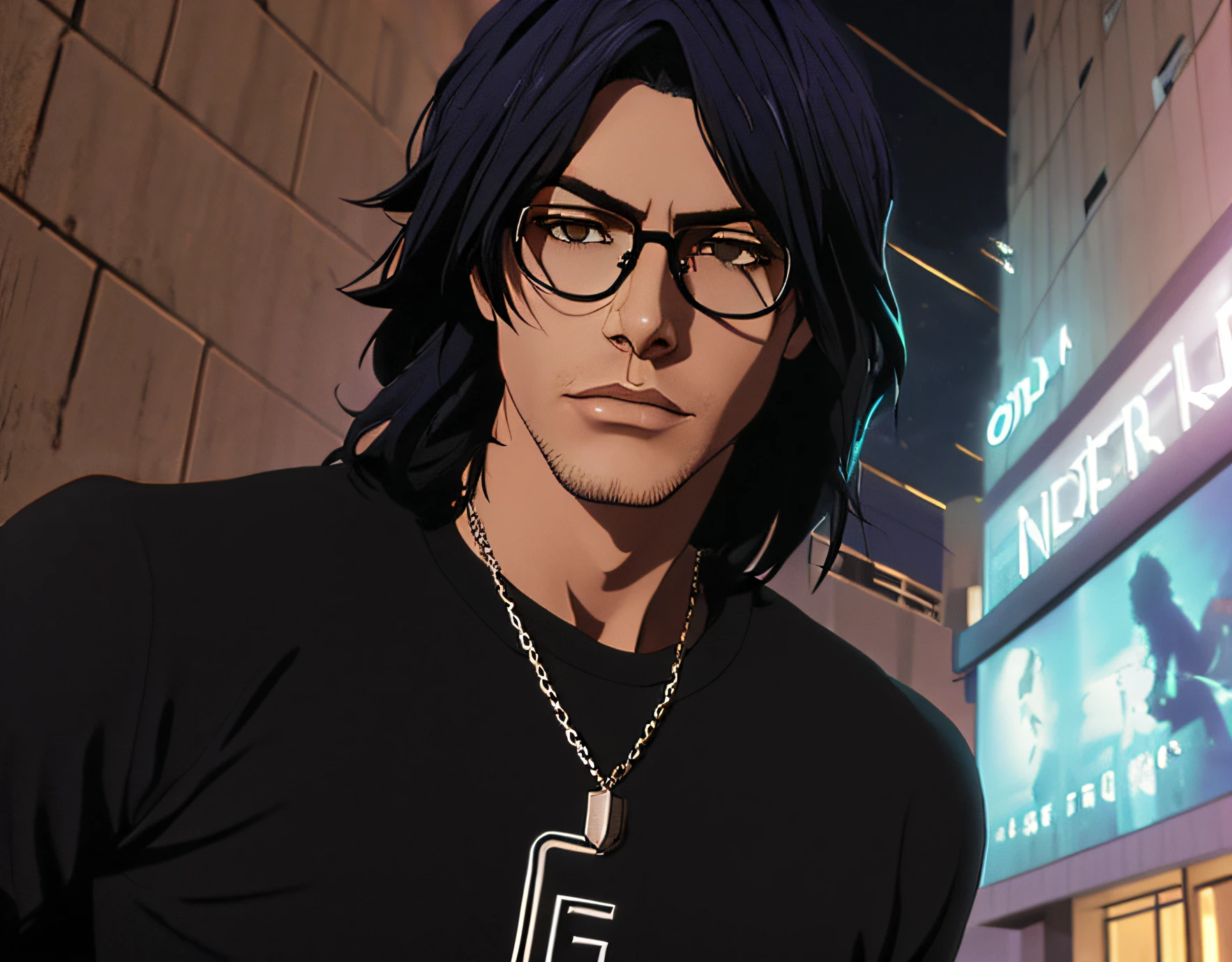 (best quality,Realistic,fotorrealista:1.37),emo,camiseta preta,olhos e rosto detalhados,penteado emo,grim expression,soft lighting,cores vibrantes,fundo urbano,city at night,Reflexo da lente,night sky,olhos marejados,dramatic pose,destaques brilhantes,Queixo,strong emotions,luzes da cidade refletindo no vidro,sombreamento estilo anime,cabelos pretos longos,atmosfera sombria,Detailed lips,Reflection of the moonlight on the glasses,Sobrancelhas expressivas,retrato, Ultra realismo, pessoa real, cabelos detalhados, 4k, Homem, colar de pedra verde