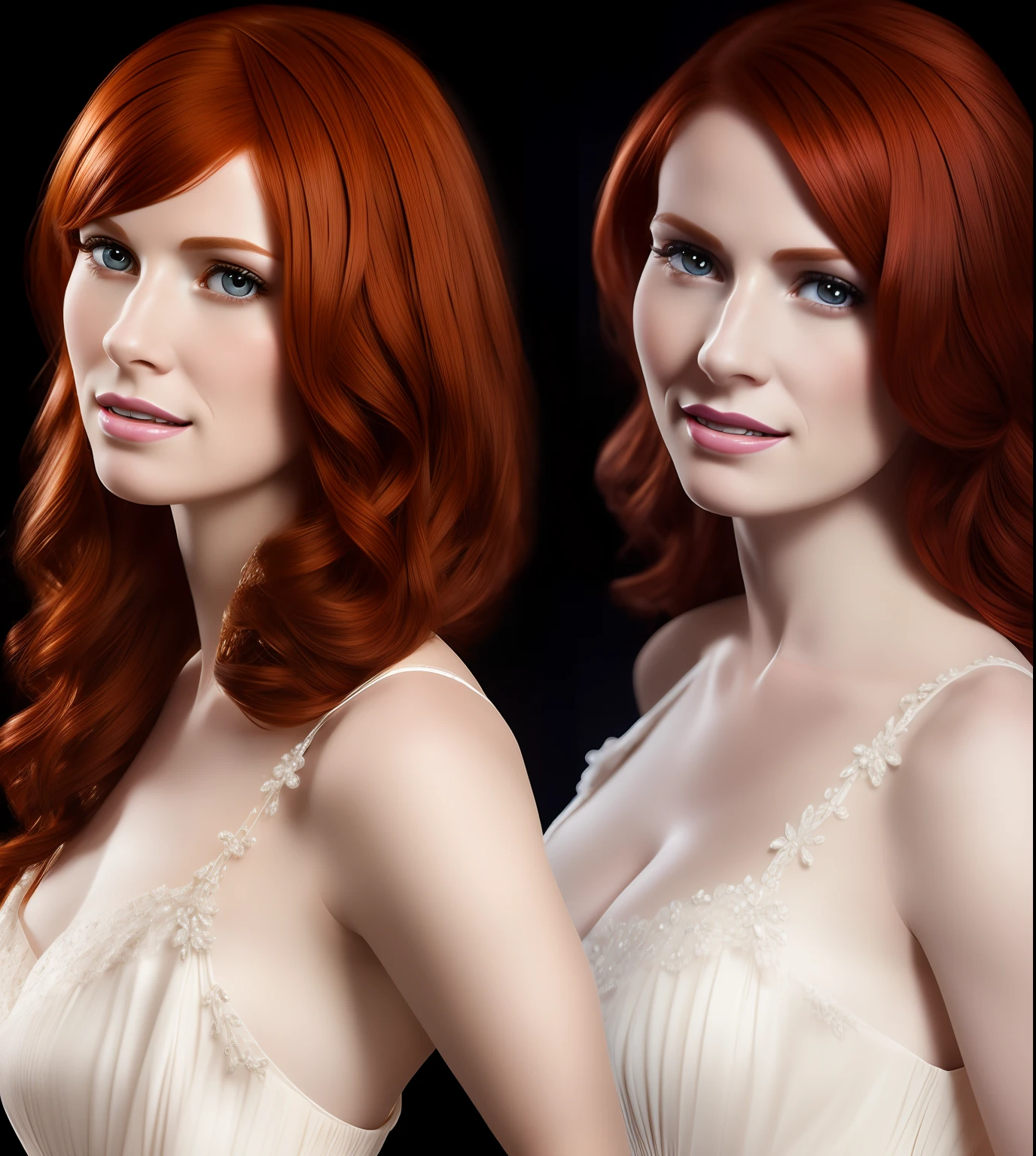 (photo,portrait,detailed,realistic:1.2),close up,2heads,man, woman,pale skin,red hair,brown hair,black dress,white background,highres,ultra-detailed,studio lighting
