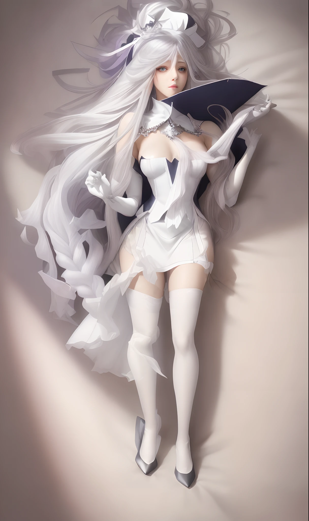 with beautiful colors,white stockings,Top lighting,Face details,magia,sliver long hair