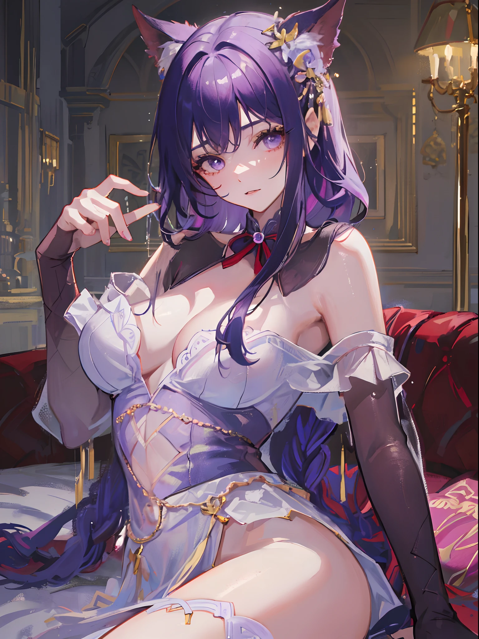((beautiful lighting, Best quality, 8K, Masterpiece: 1.3)), 1girl, ((purple hair)), (White dress: 1.4), (Indoor , night: 1.1), (bed), Super Fine Face, Fine Eyes, Glasses,naughty look, stocking