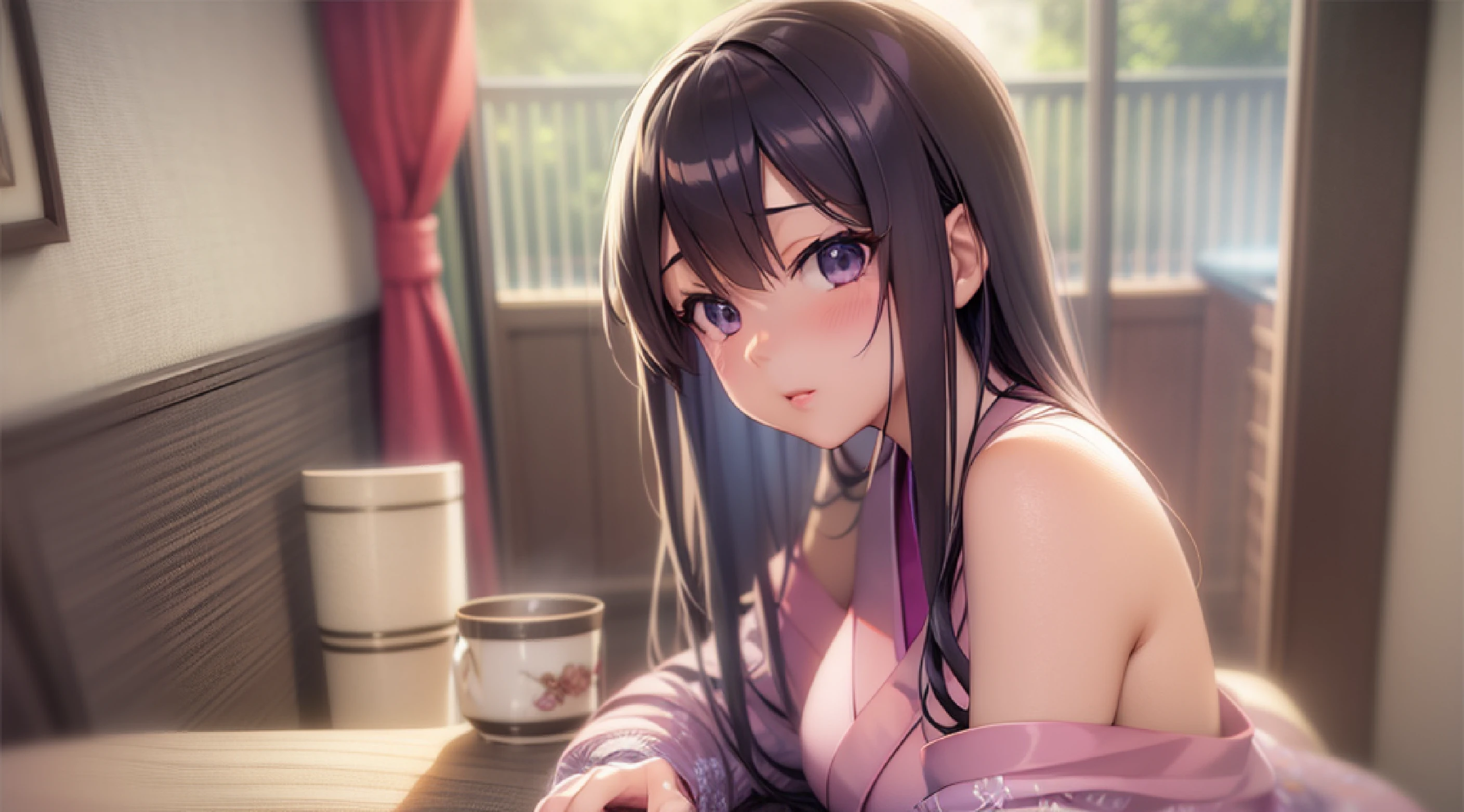 Anime girl in pink shirt looking out the window, visual novel cg, Smooth Anime CG Art, cel shaded anime, realistic anime 3 d style, ; visual novel, Ecchi anime style, noire moody scene, visual novel, iwakura lain, Seductive Anime Girl, closeup Iwakura Lain, Bottom Angle, anime styled 3d, anime moe art style